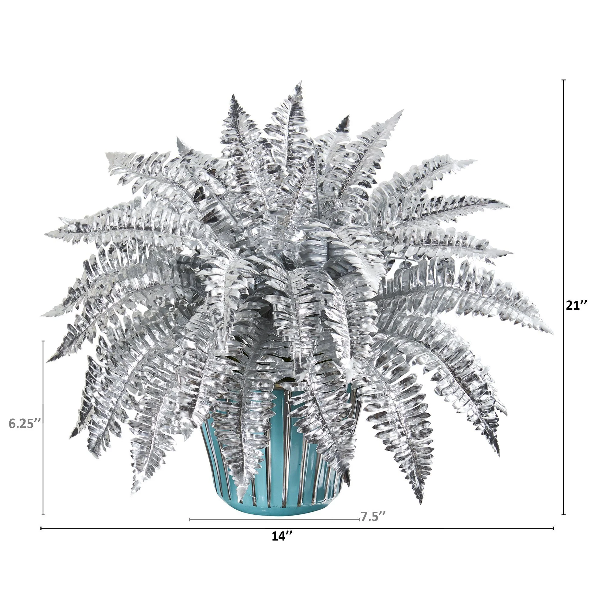 21” Metallic Silver Boston Fern Artificial Plant in Turquoise Planter with Silver Trimming - Image 2