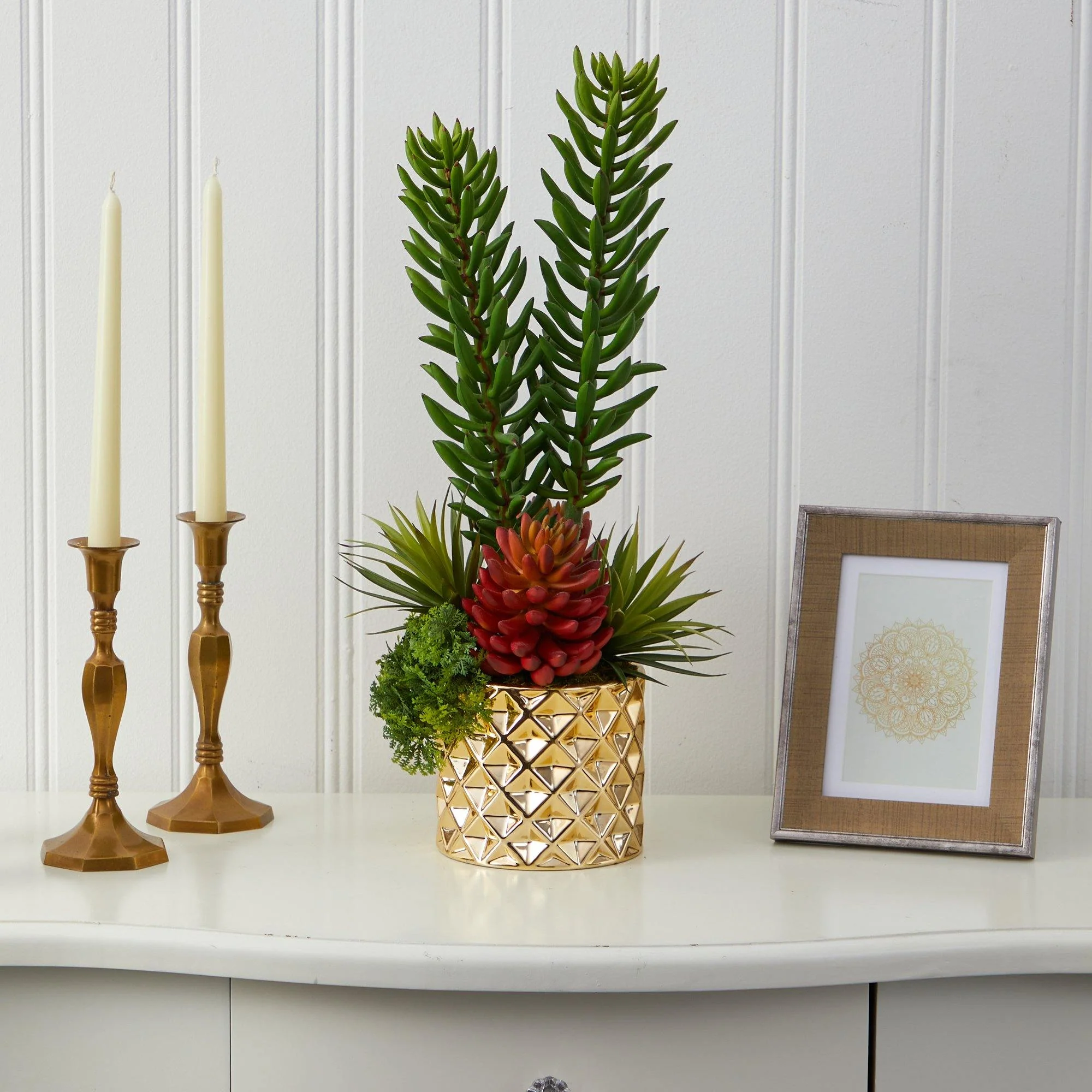 21” Mixed Succulent Artificial Plant in Gold Planter - Image 2