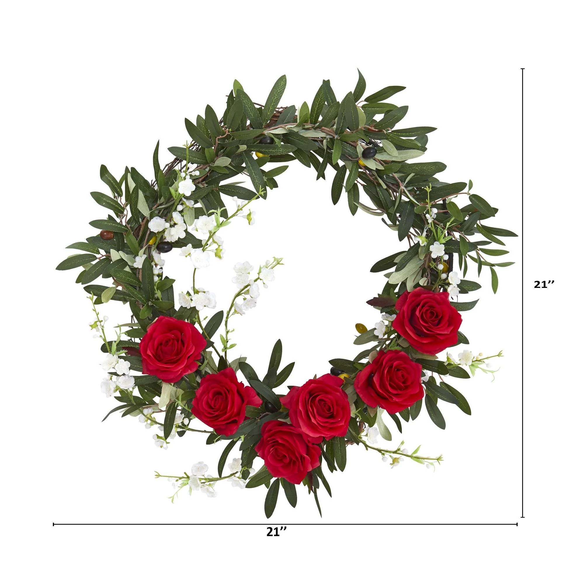21” Olive, Rose and Cherry Blossom Artificial Wreath - Image 2