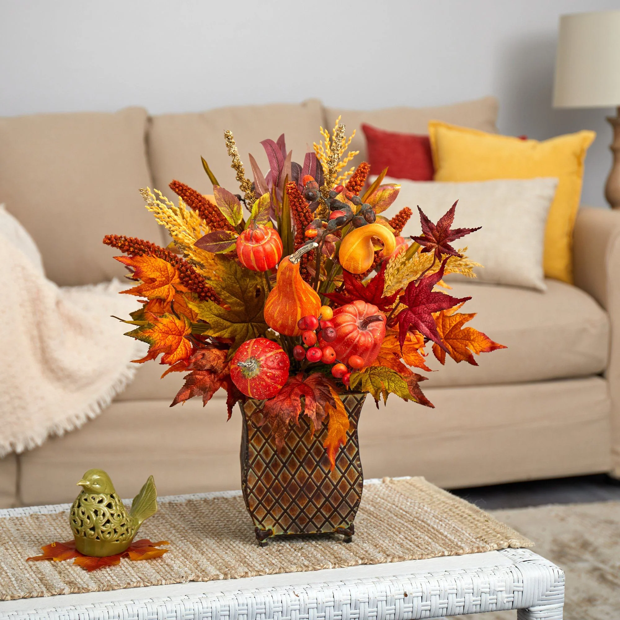 21” Pumpkin, Maple Leaf and Sorghum Harvest Artificial Arrangement in Metal Planter - Image 2