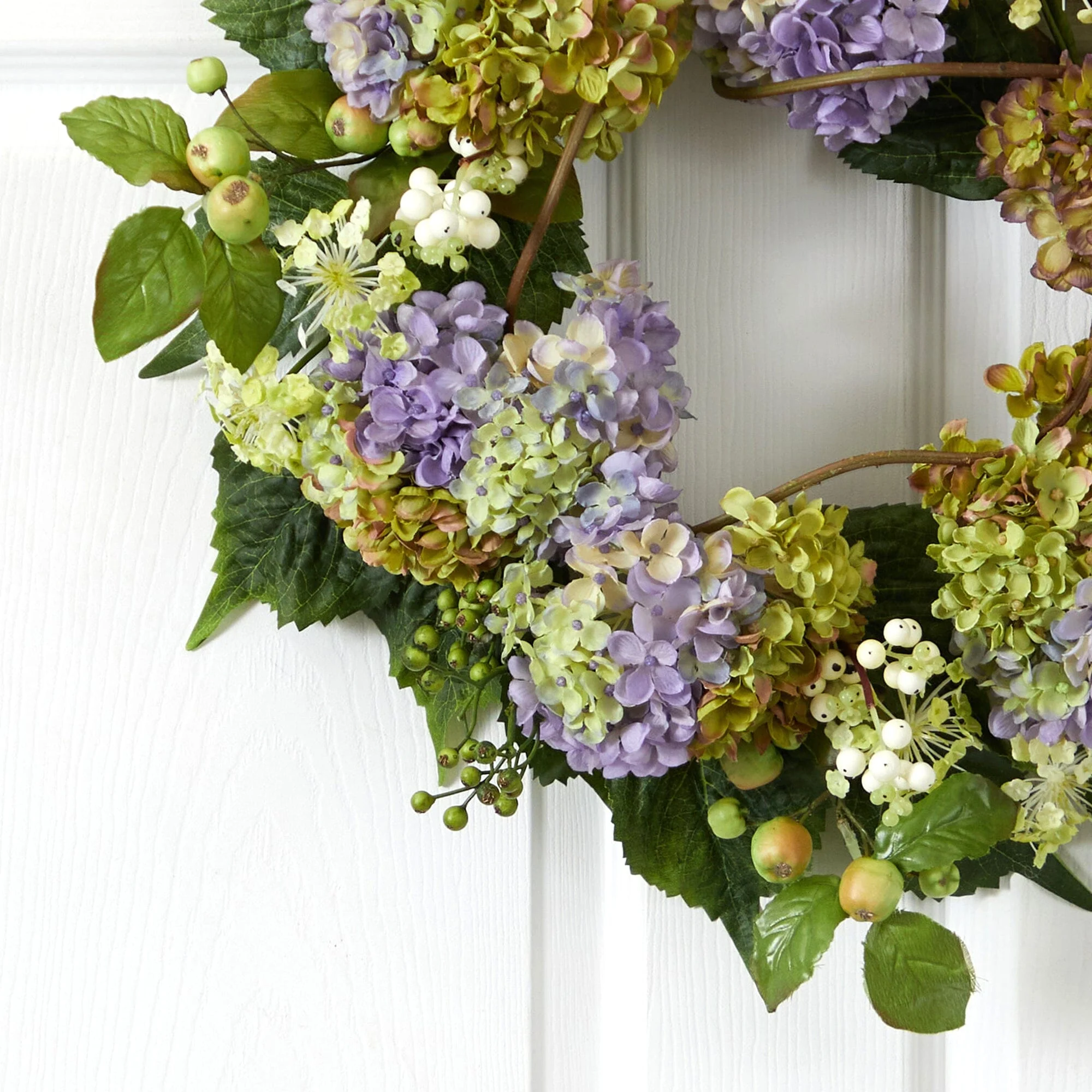 22” Artificial Hydrangea Silk Wreath Mixed Greens - Image 2