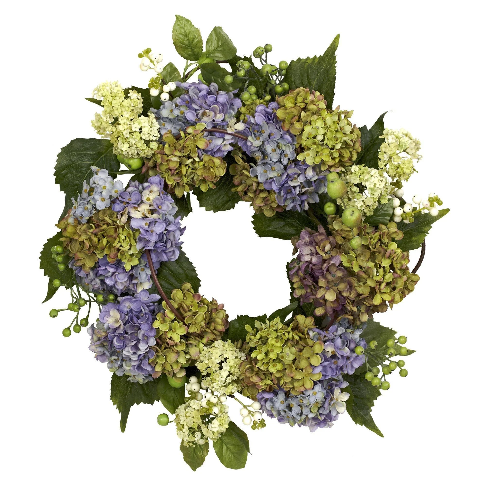 22” Artificial Hydrangea Silk Wreath Mixed Greens - Image 3