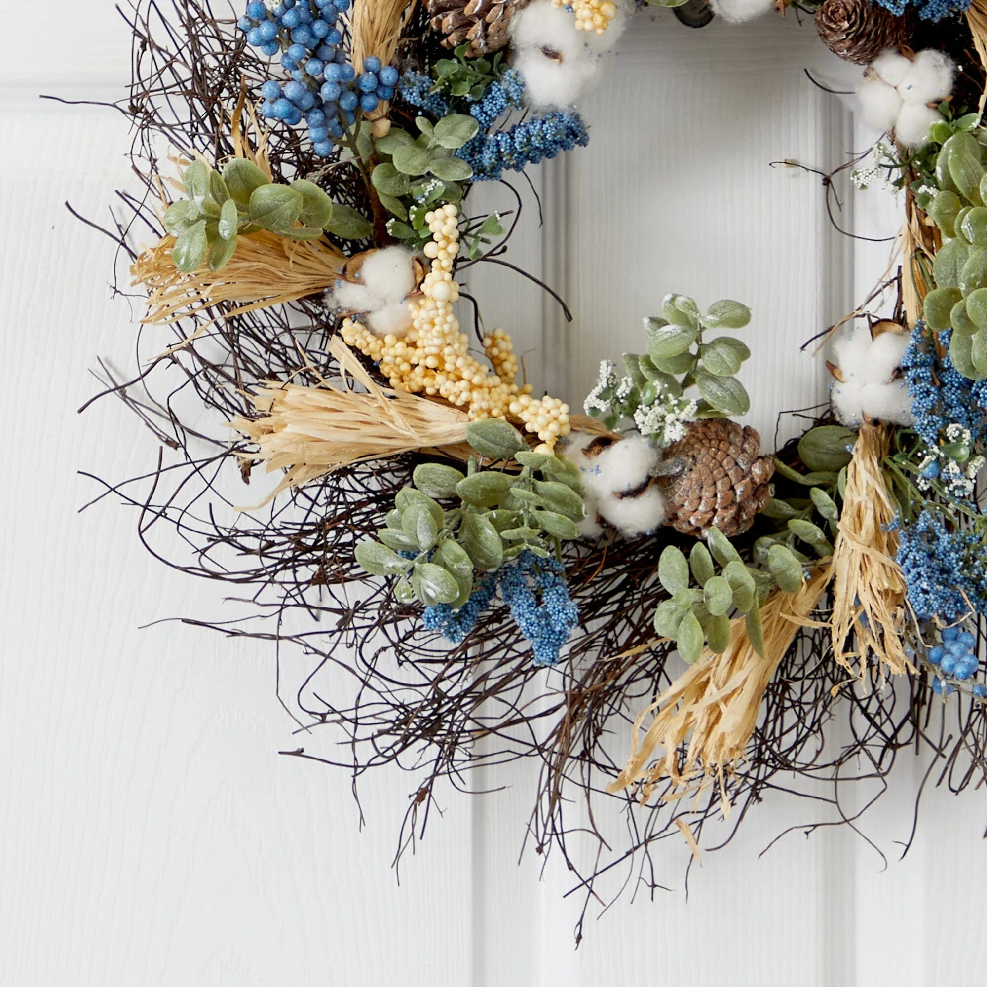 22” Autumn Cotton, Eucalyptus, Berries and Pinecones Artificial Fall Wreath - Image 2