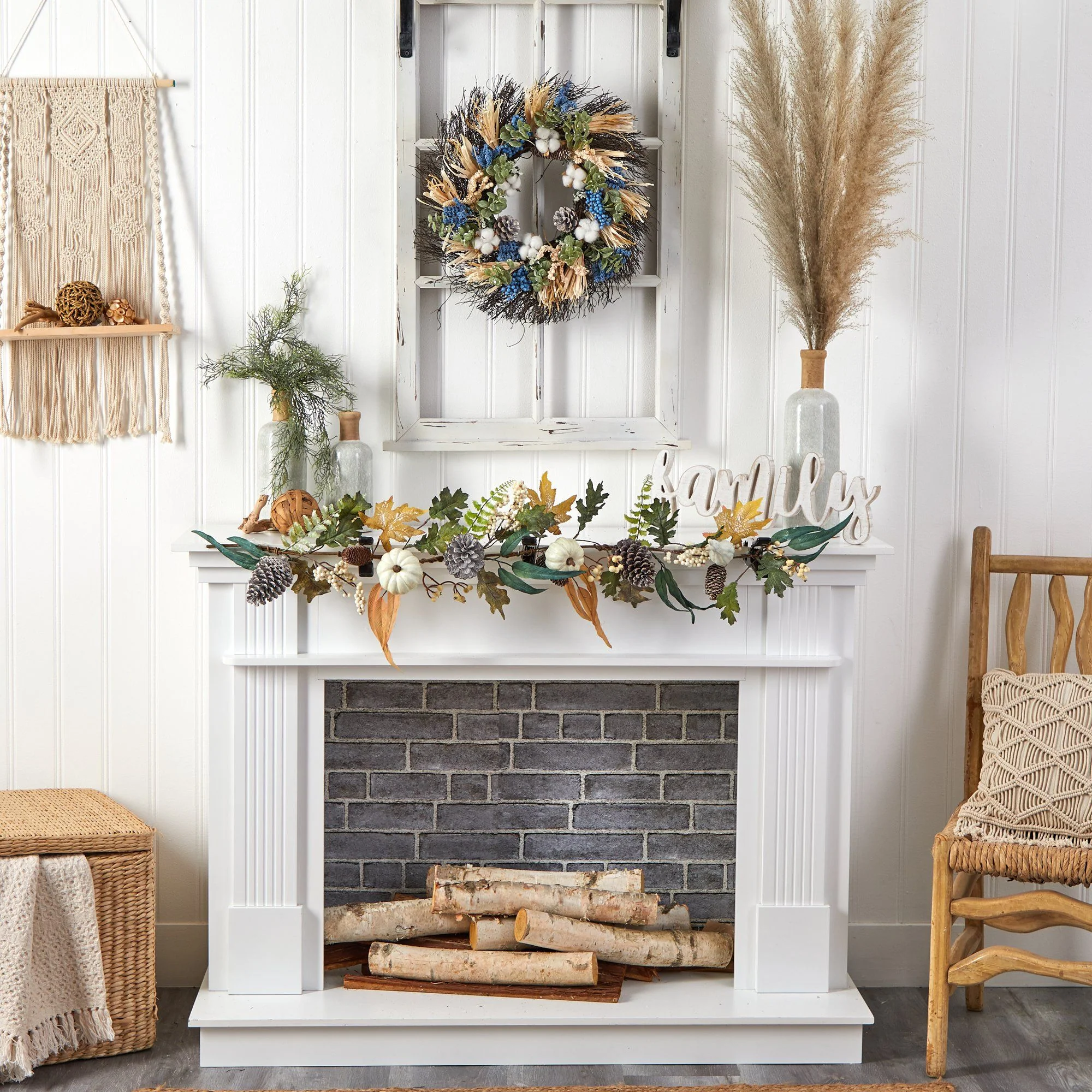 22” Autumn Cotton, Eucalyptus, Berries and Pinecones Artificial Fall Wreath - Image 3