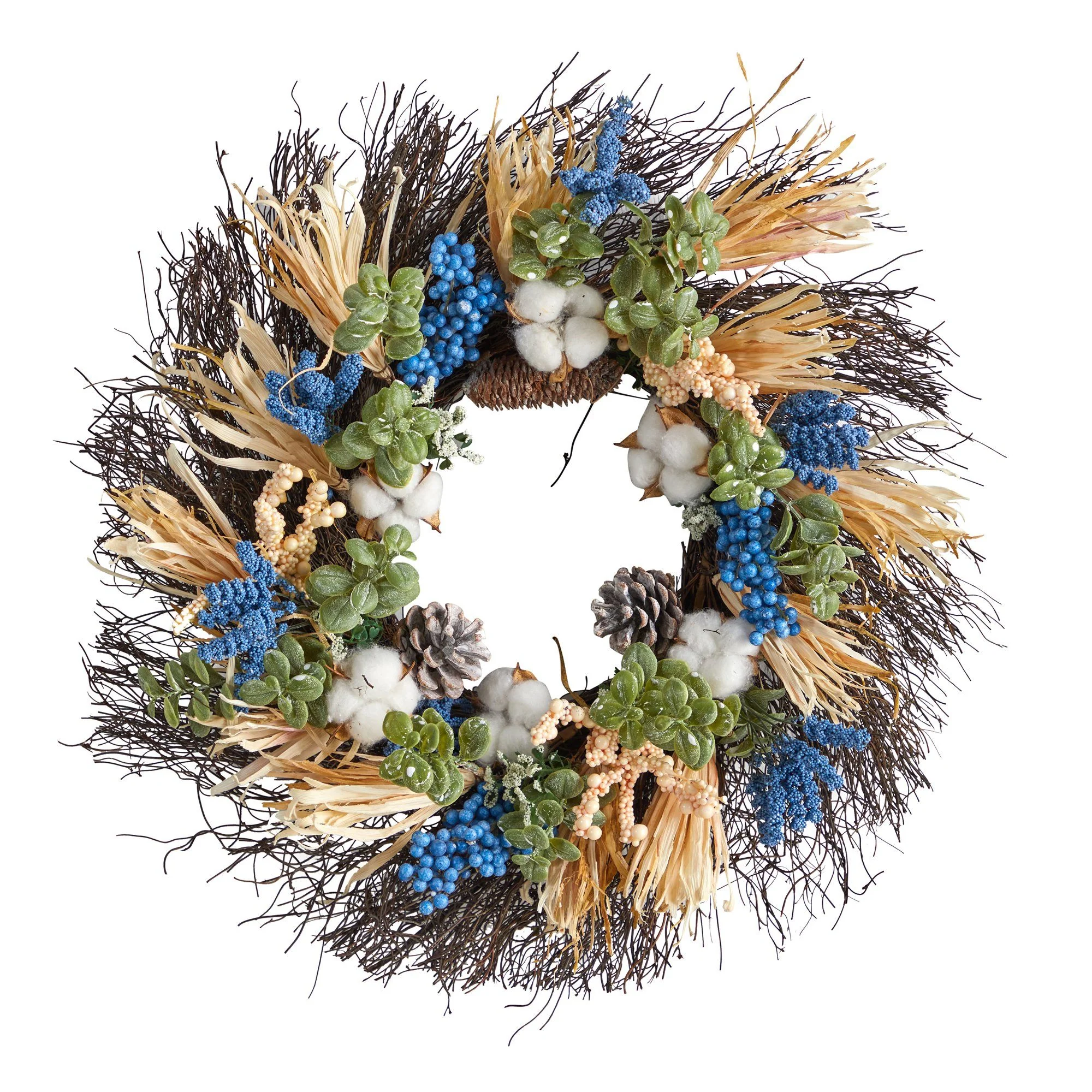 22” Autumn Cotton, Eucalyptus, Berries and Pinecones Artificial Fall Wreath - Image 6