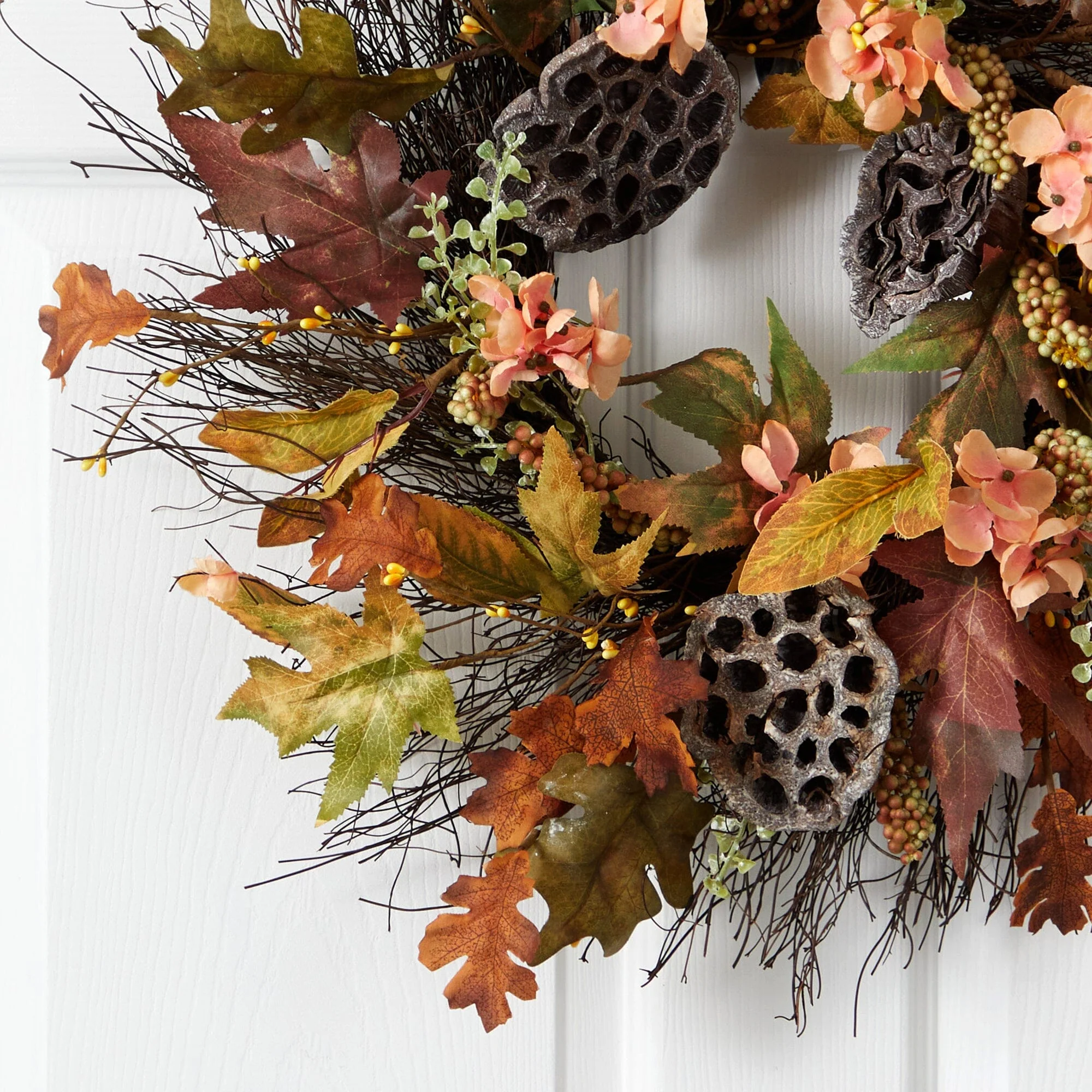 22” Autumn Hydrangea, Dried Lotus Pod Artificial Fall Wreath - Image 2