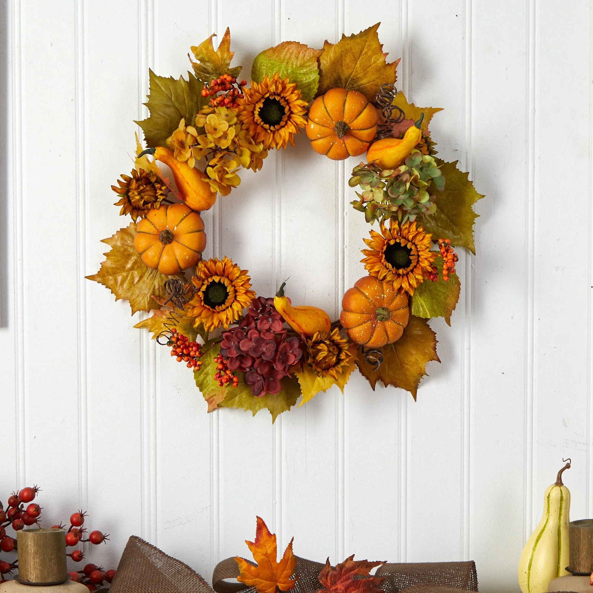 22” Autumn Hydrangea, Pumpkin and Sunflower Artificial Fall Wreath - Image 3