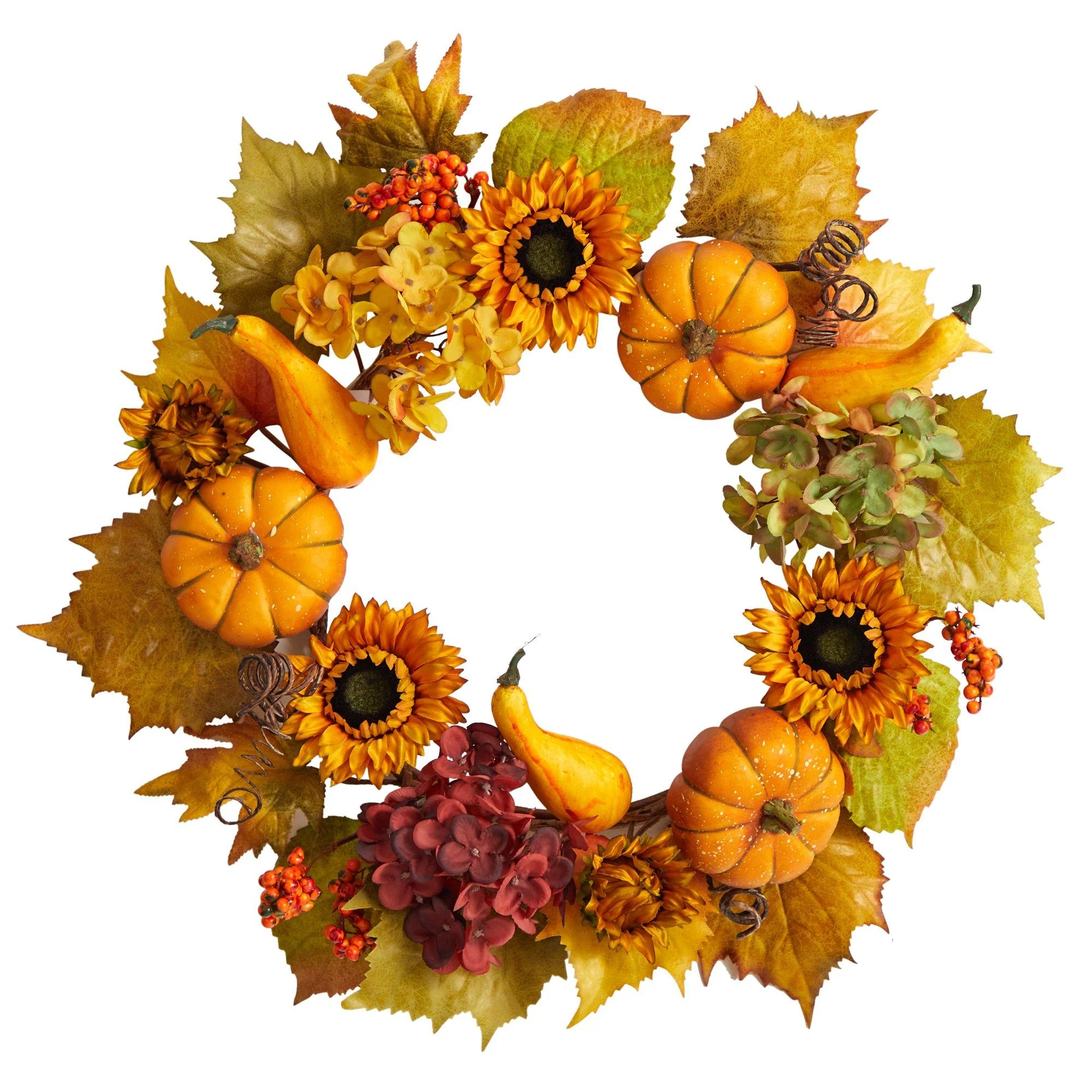 22” Autumn Hydrangea, Pumpkin and Sunflower Artificial Fall Wreath - Image 5