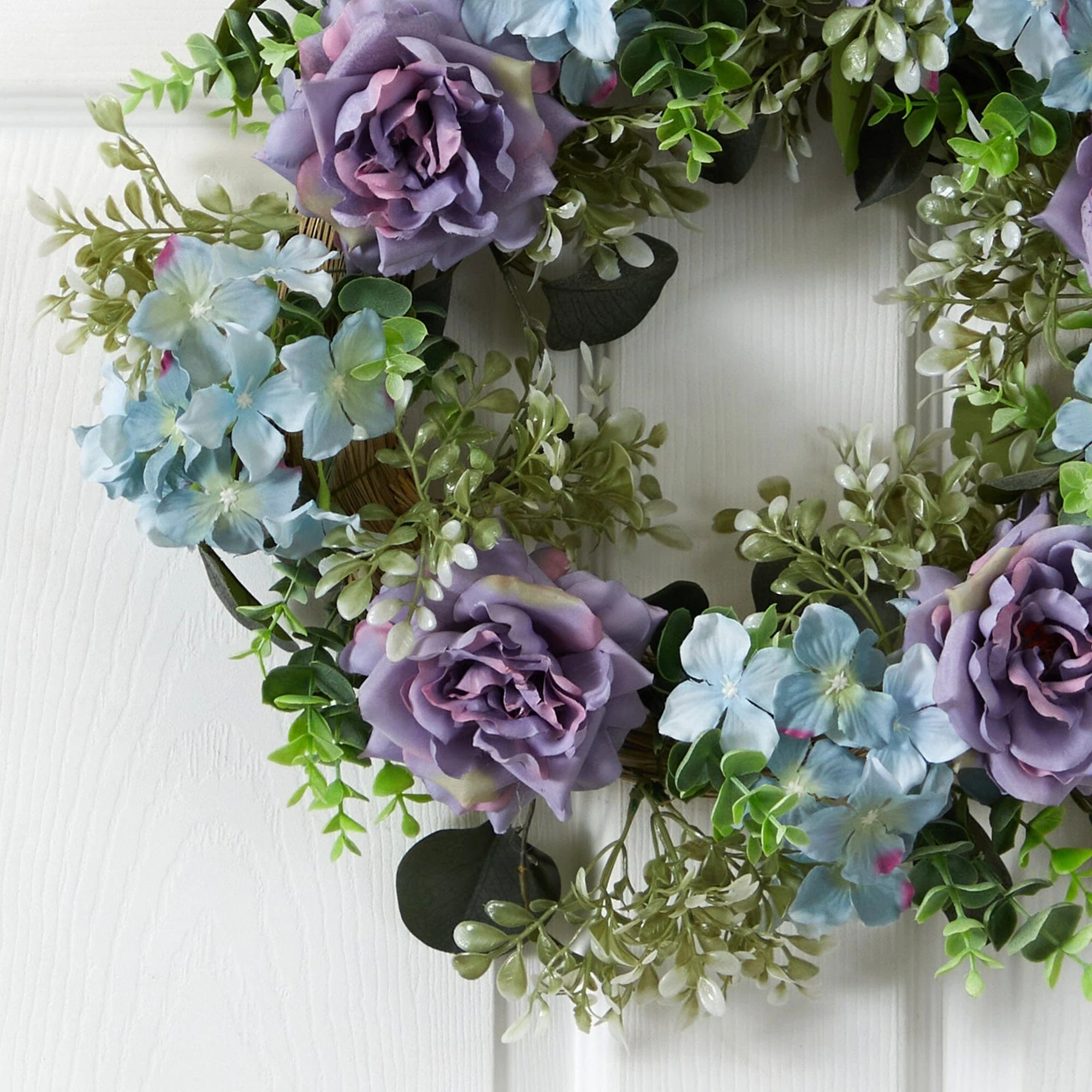 22” Blue Hydrangea and Purple Rose Artificial Wreath - Image 2