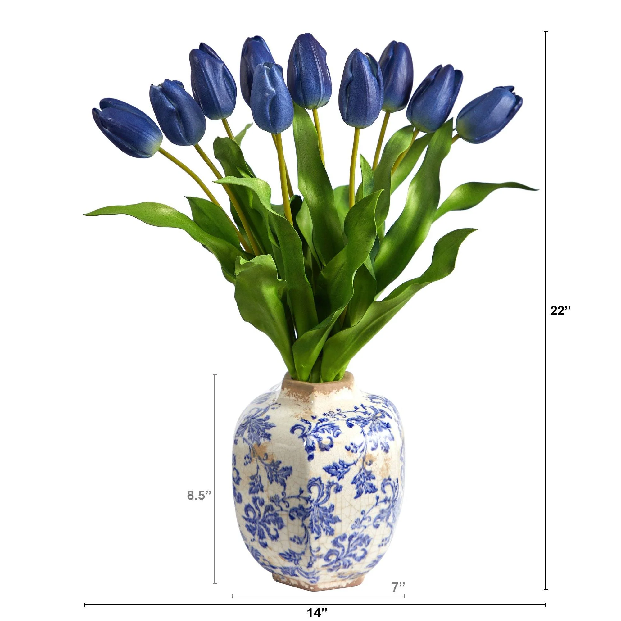 22” Dutch Tulip Artificial Arrangement in Blue and White Print Planter - Image 2