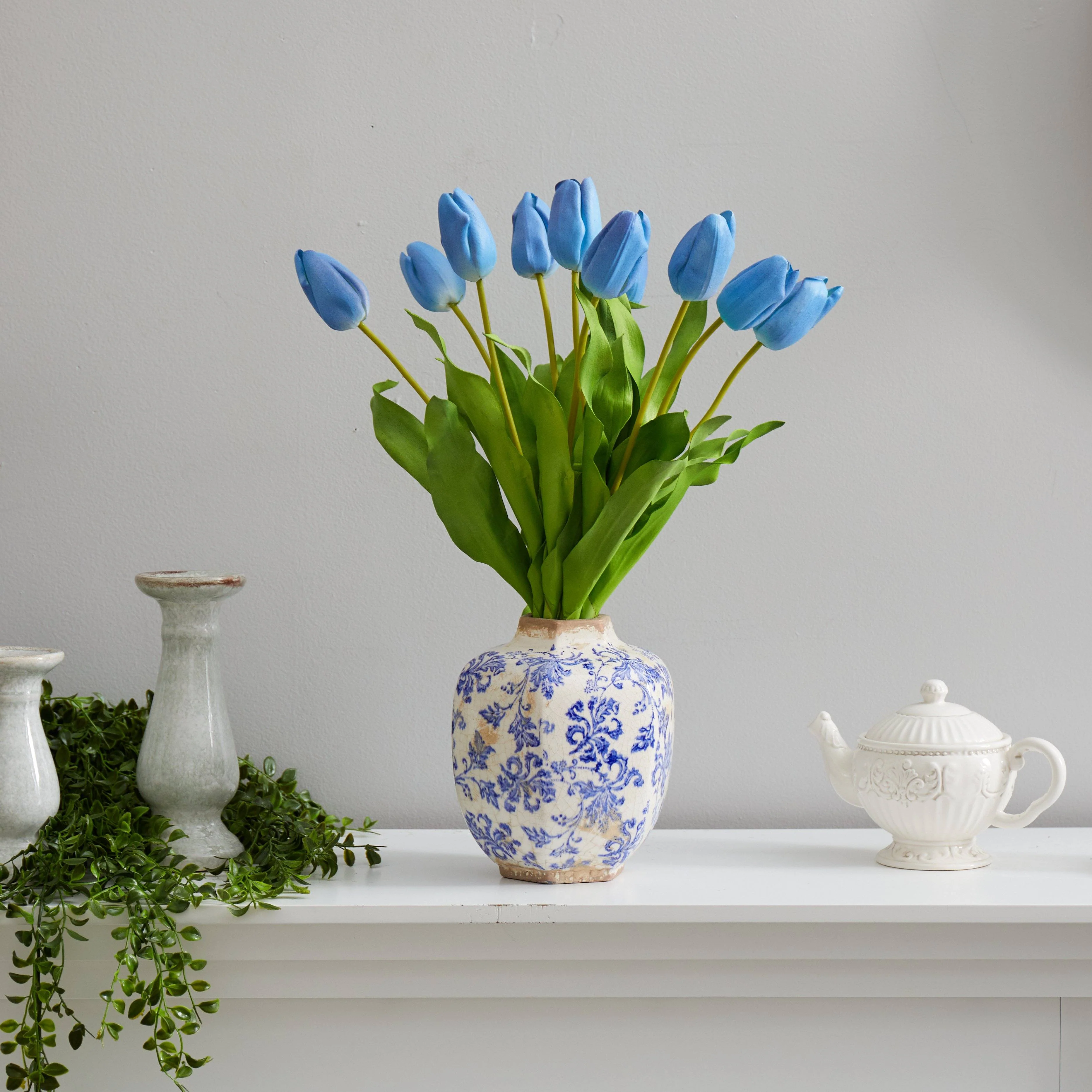 22” Dutch Tulip Artificial Arrangement in Blue and White Print Planter - Image 5