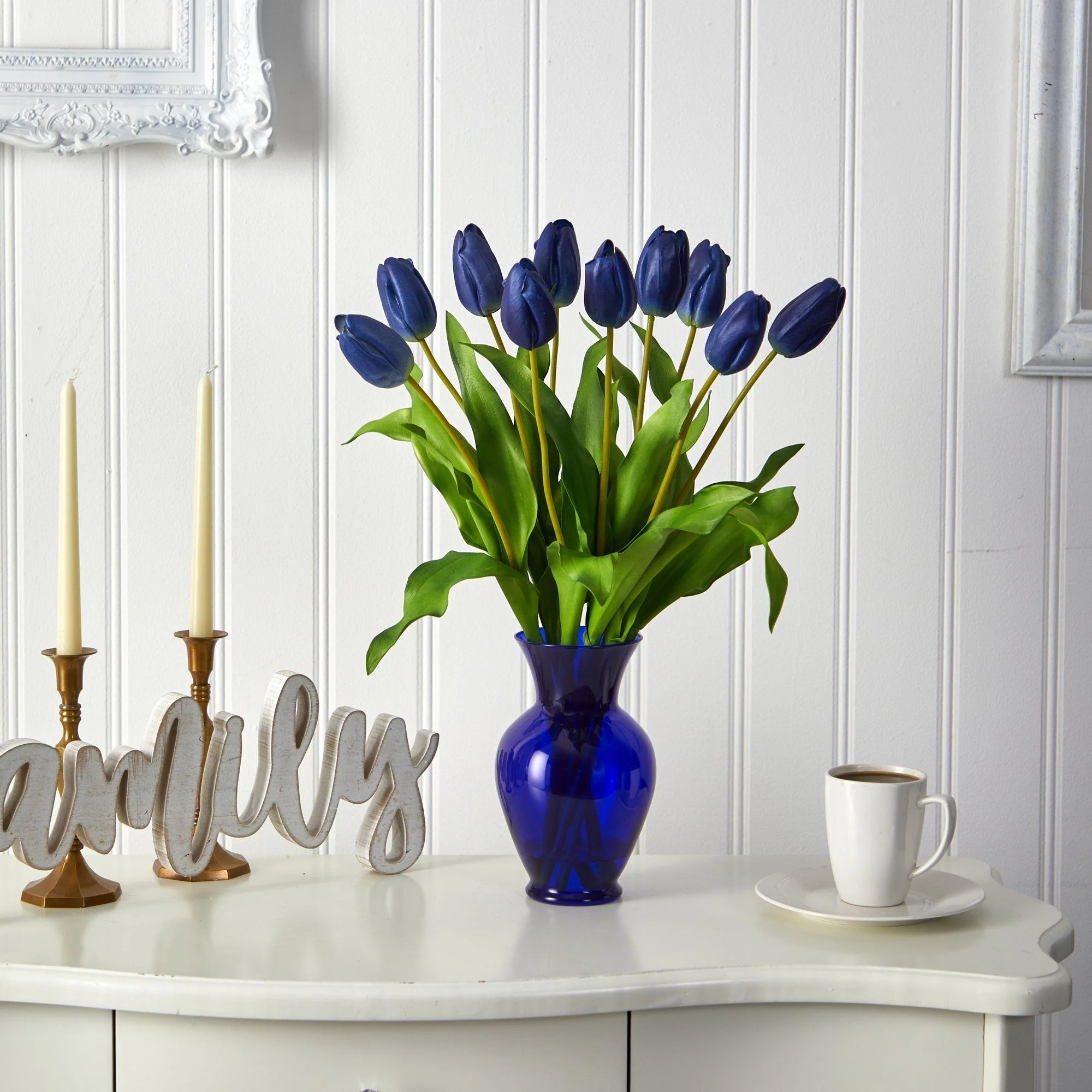 22” Dutch Tulip Artificial Arrangement in Blue Colored Vase - Image 3