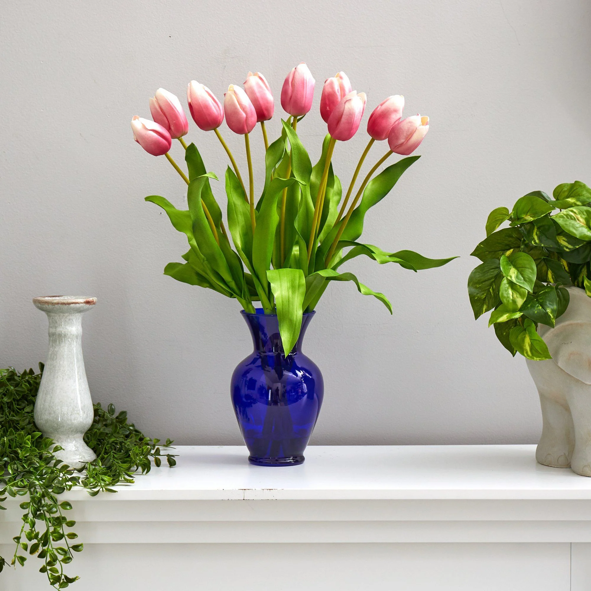 22” Dutch Tulip Artificial Arrangement in Blue Colored Vase - Image 7
