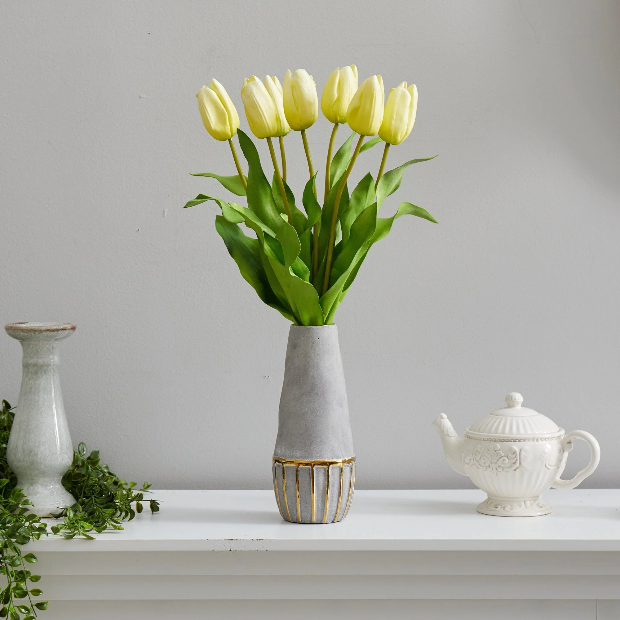 22” Dutch Tulip Artificial Arrangement in Stoneware Vase with Gold Trimming - Image 19
