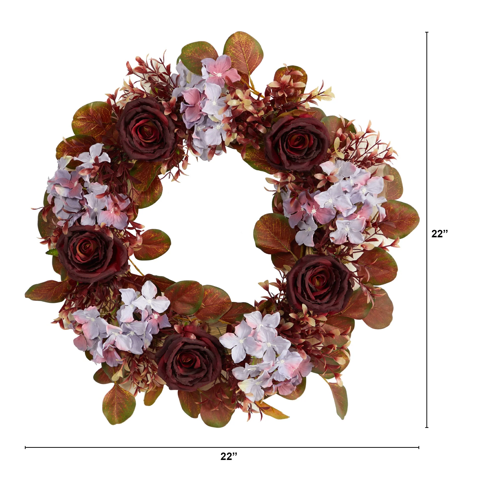 22” Fall Hydrangea and Rose Autumn Artificial Wreath - Image 3