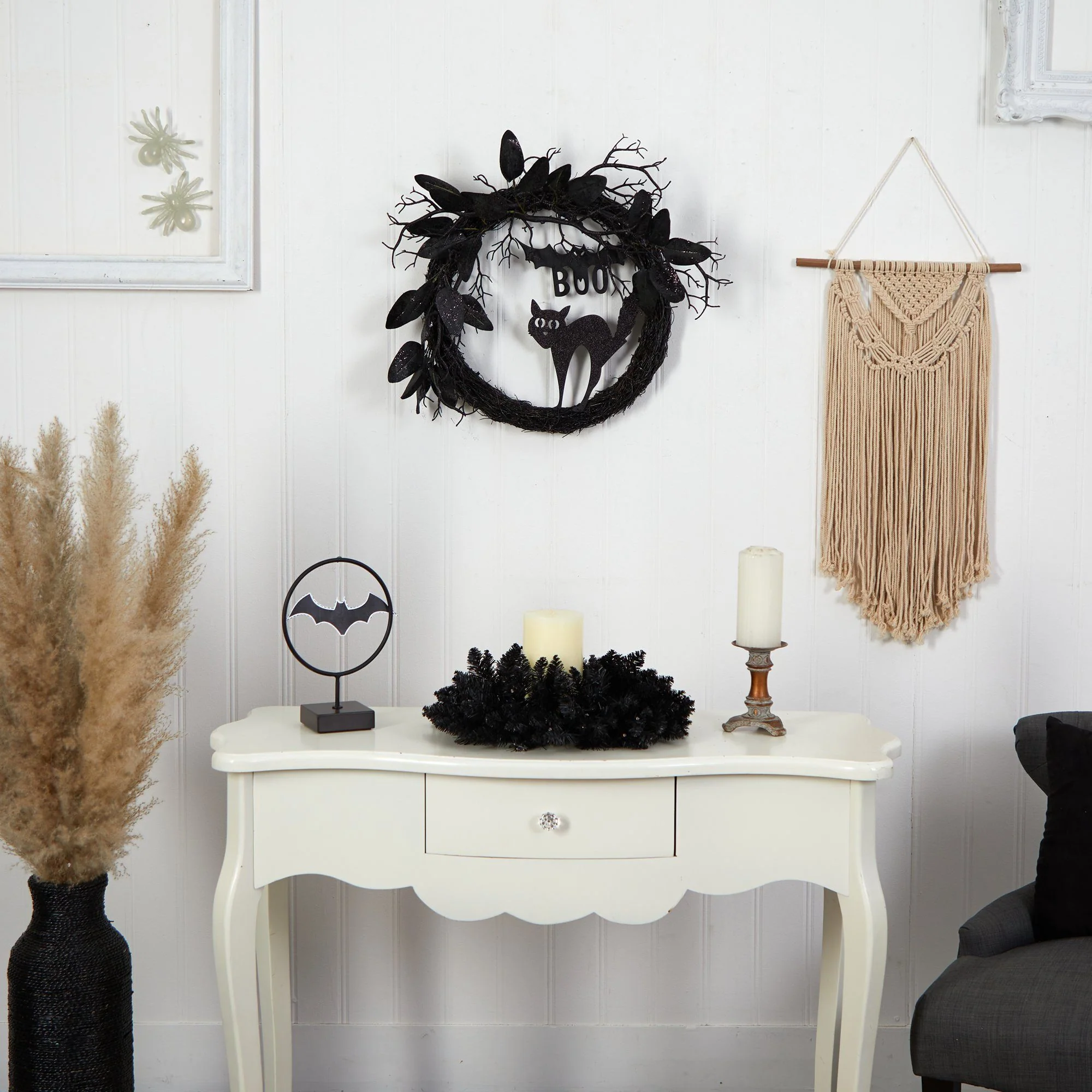22” Halloween Black Cat and Bat Boo Twig Wreath - Image 3
