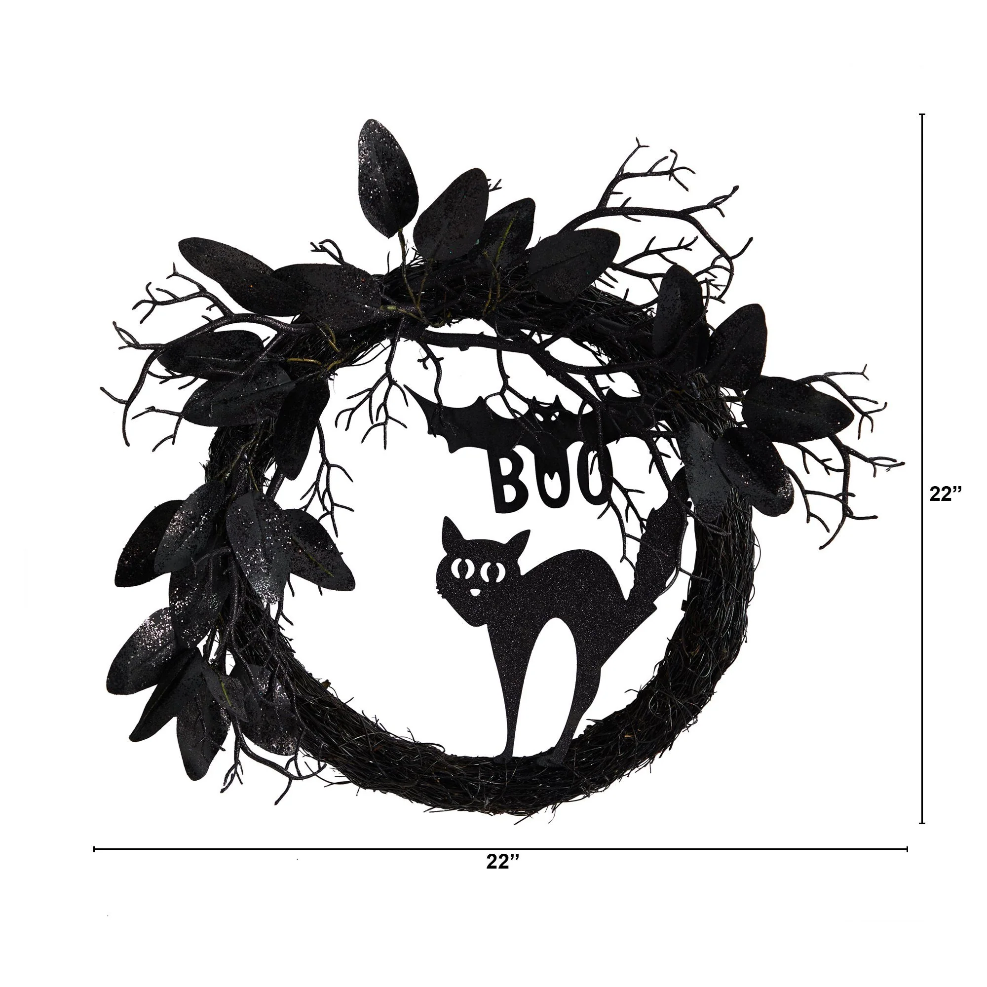 22” Halloween Black Cat and Bat Boo Twig Wreath - Image 5