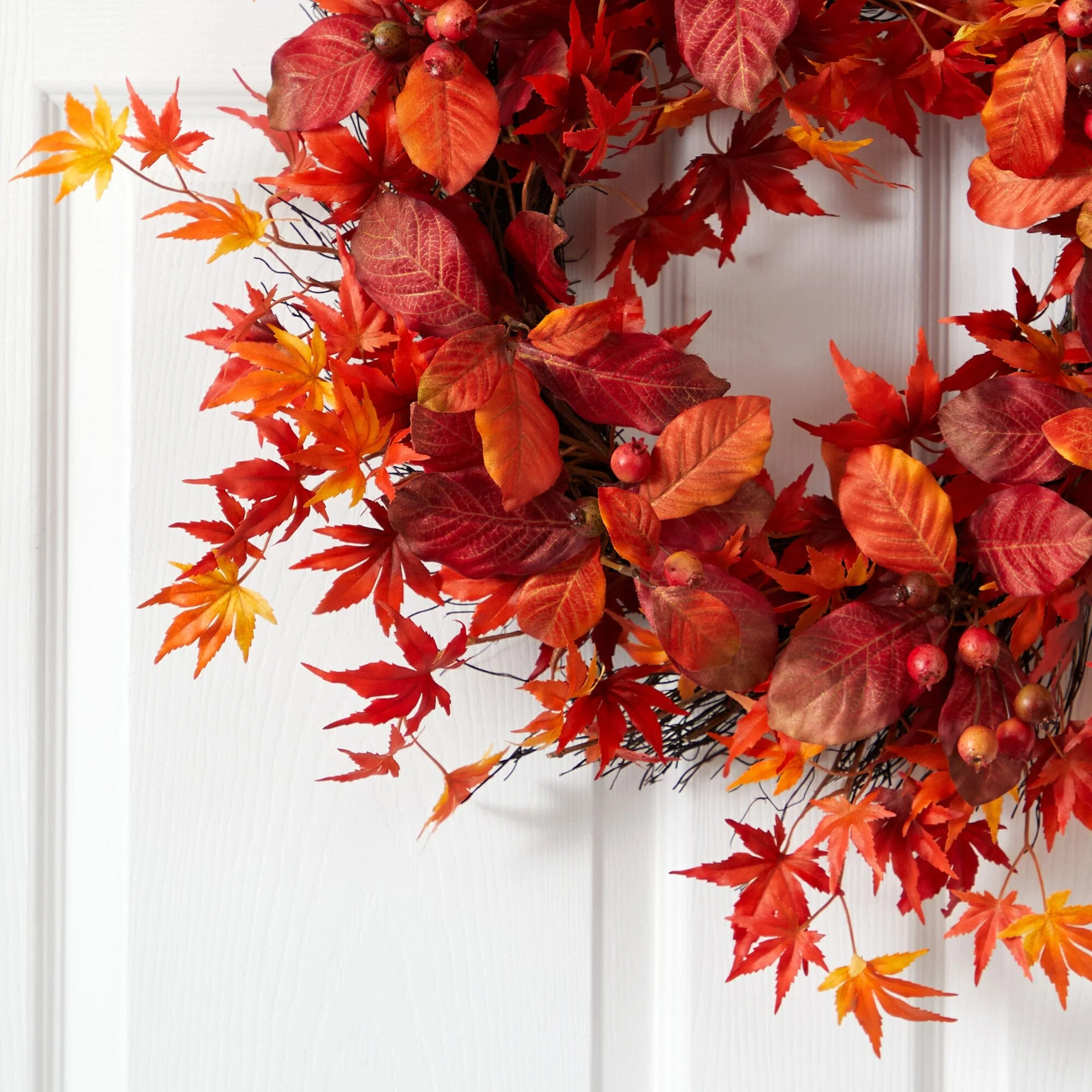 22” Japanese Maple, Magnolia Leaf and Berries Artificial Wreath - Image 2