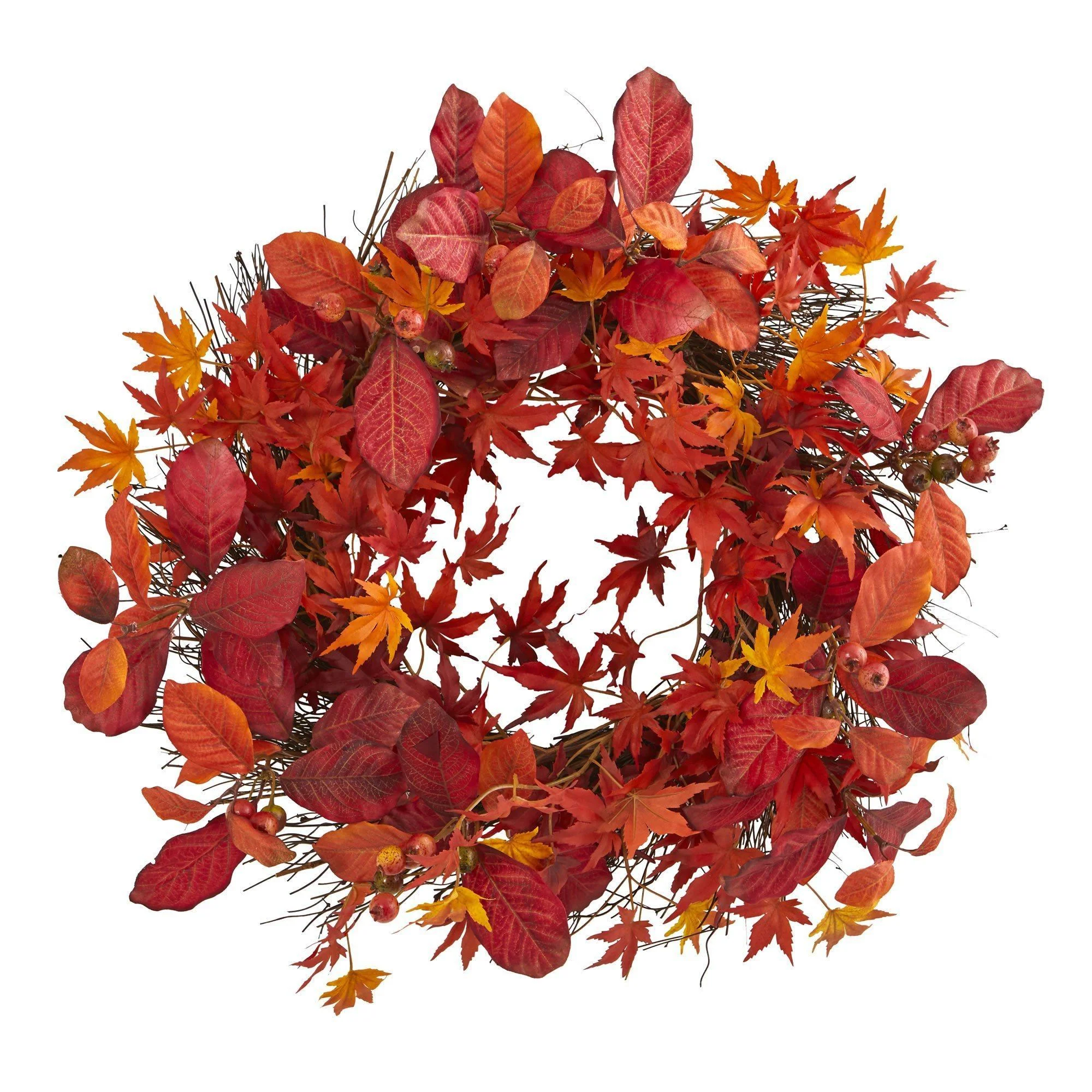 22” Japanese Maple, Magnolia Leaf and Berries Artificial Wreath - Image 3