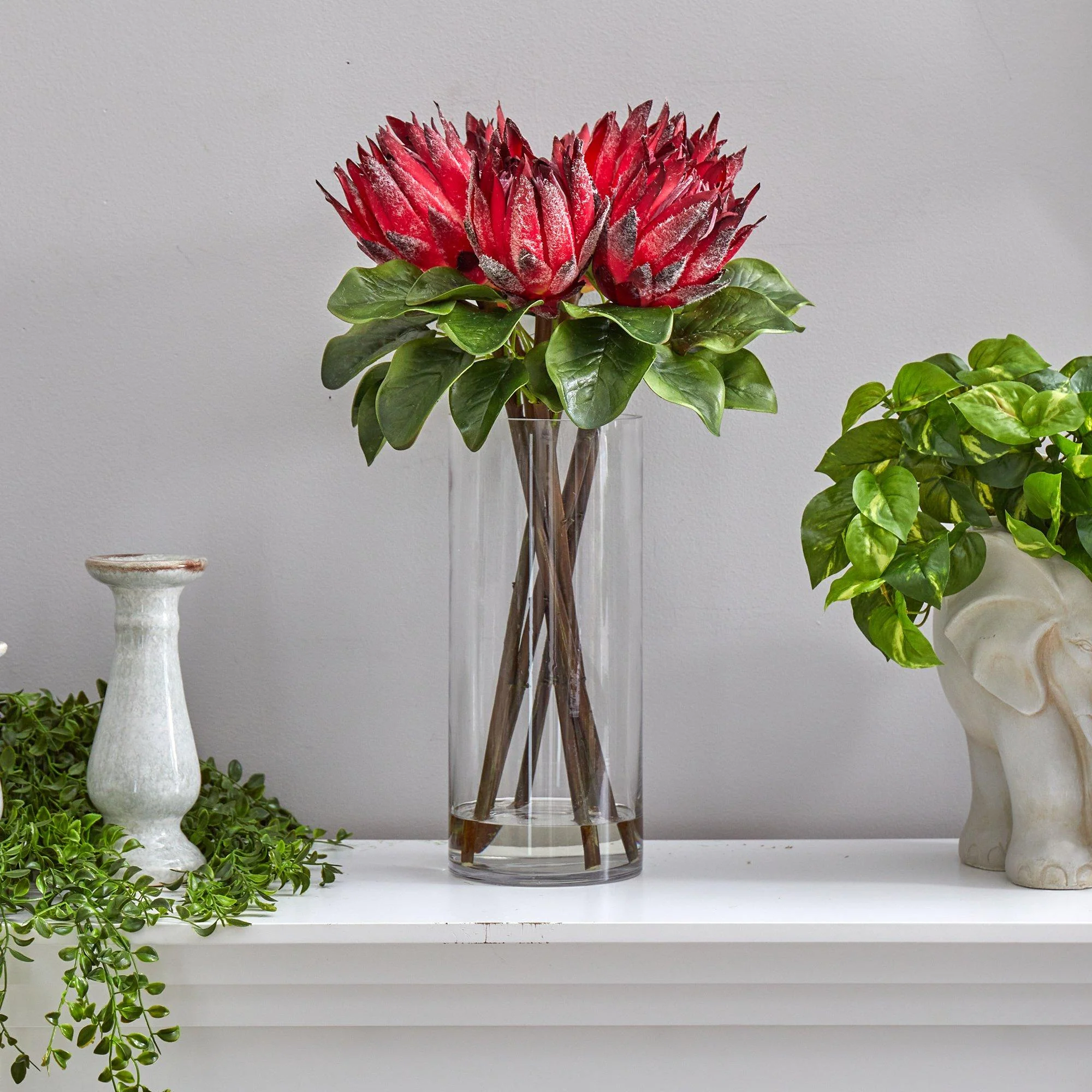 22” King Protea Artificial Arrangement in Glass Vase - Image 3