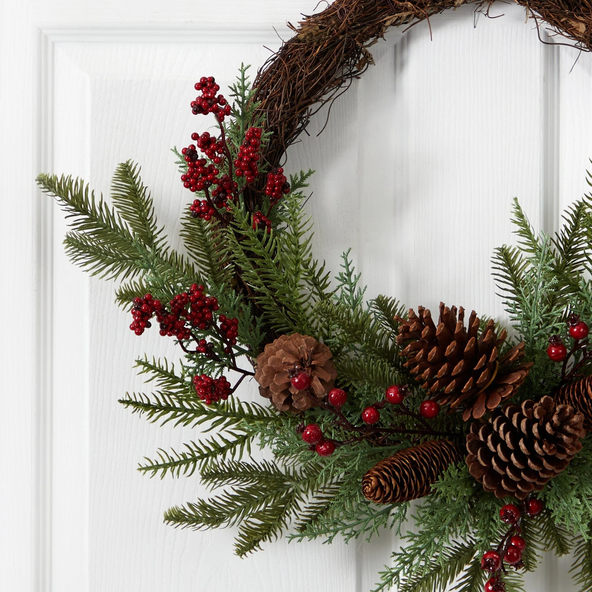 22” Mixed Pine and Cedar with Berries and Pine Cones Artificial Wreath - Image 2