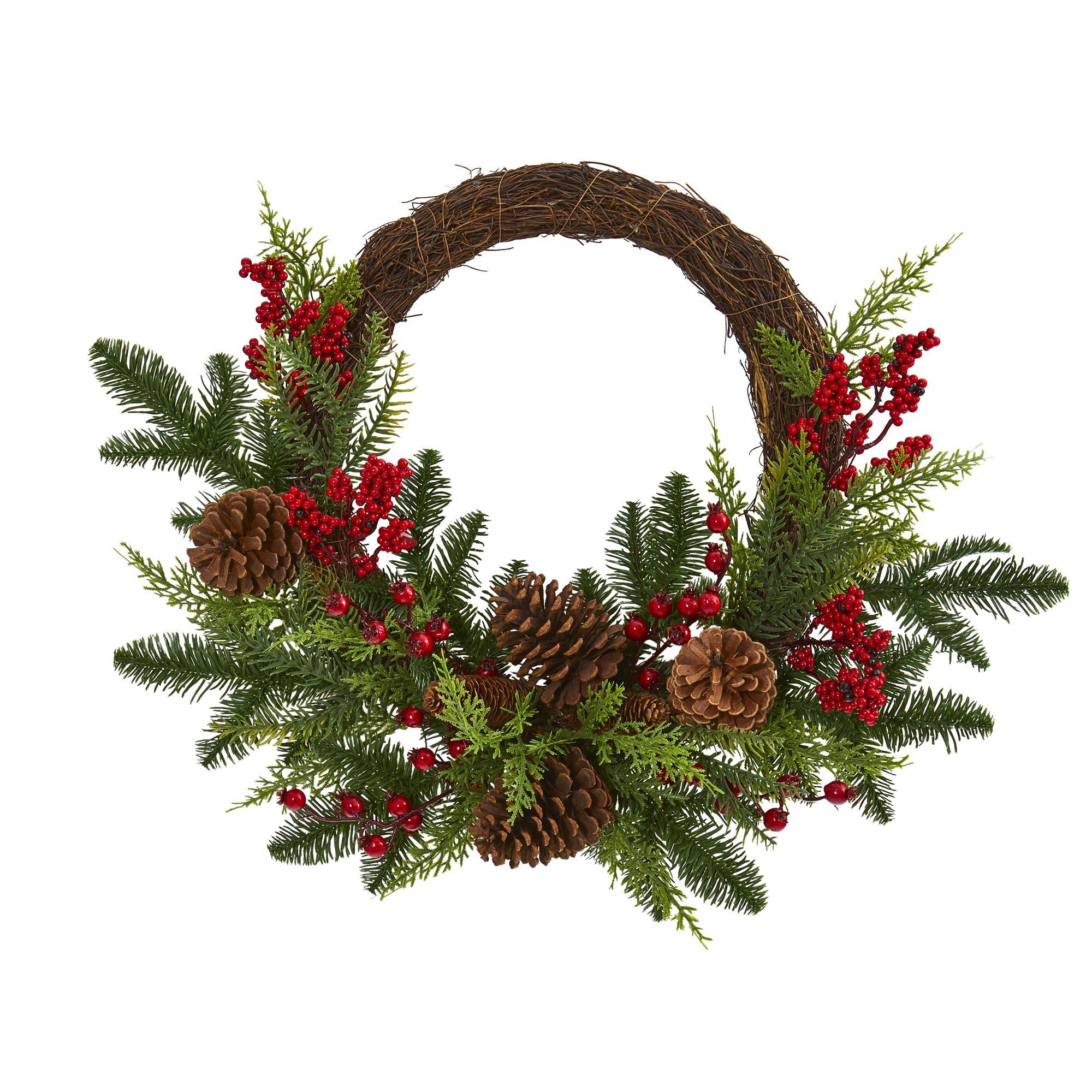 22” Mixed Pine and Cedar with Berries and Pine Cones Artificial Wreath - Image 3