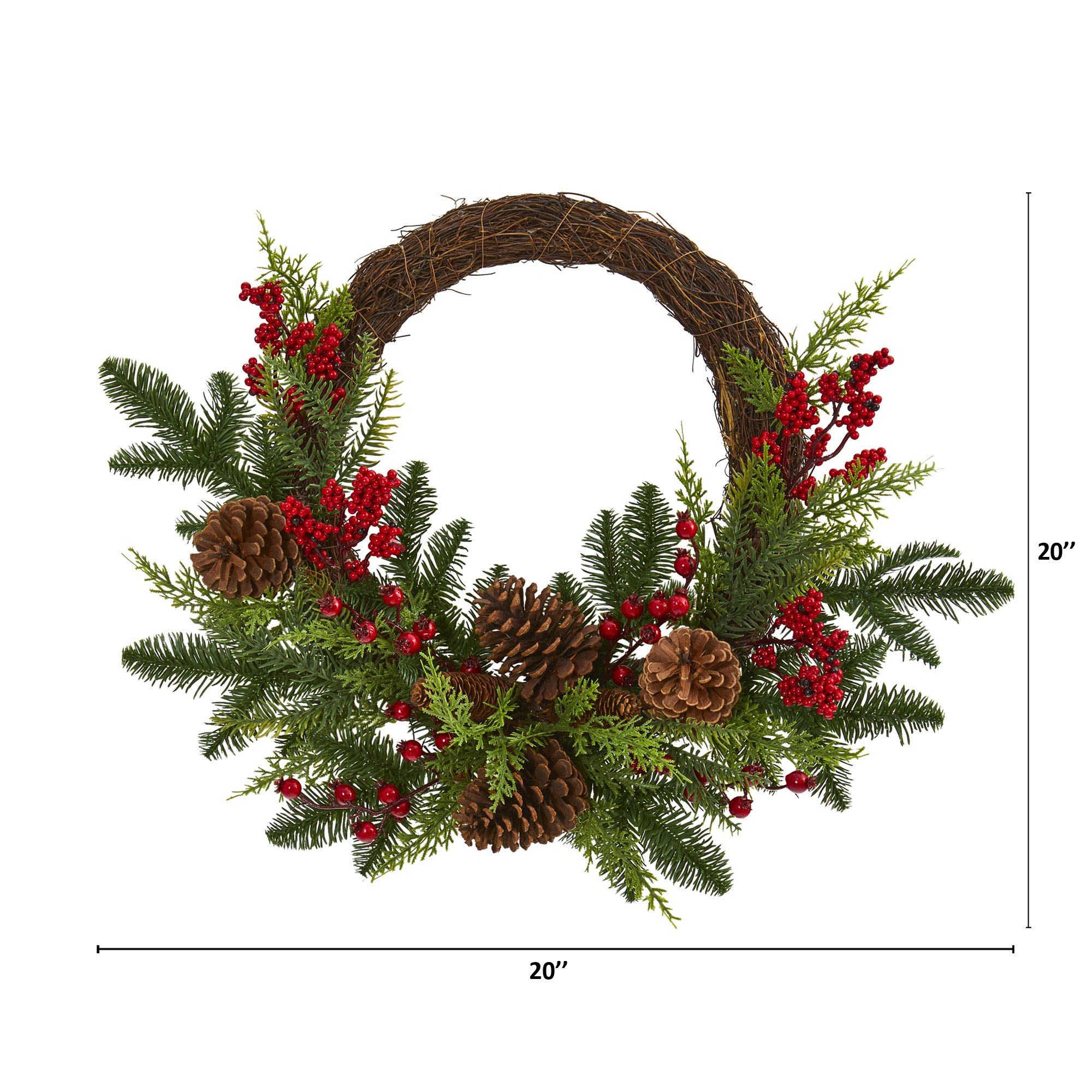 22” Mixed Pine and Cedar with Berries and Pine Cones Artificial Wreath - Image 4