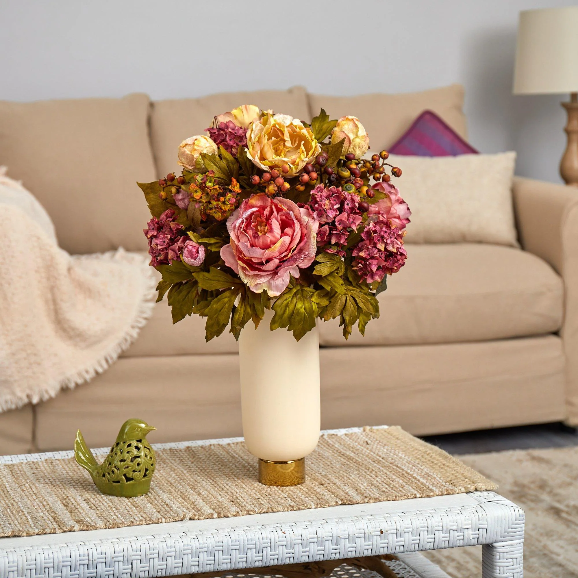 22” Peony Artificial Arrangement in Cream Vase with Gold Base - Image 3