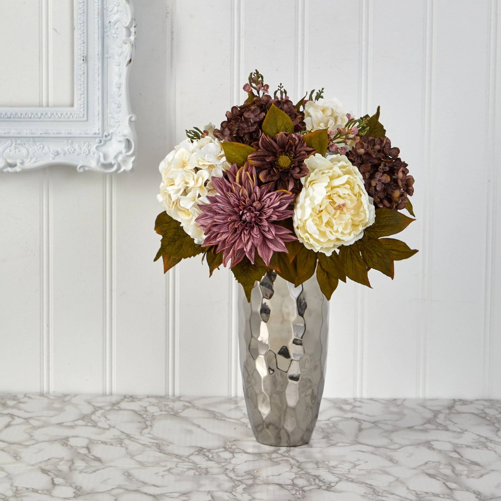 22” Peony, Hydrangea and Dahlia Artificial Arrangement in Silver Vase - Image 2
