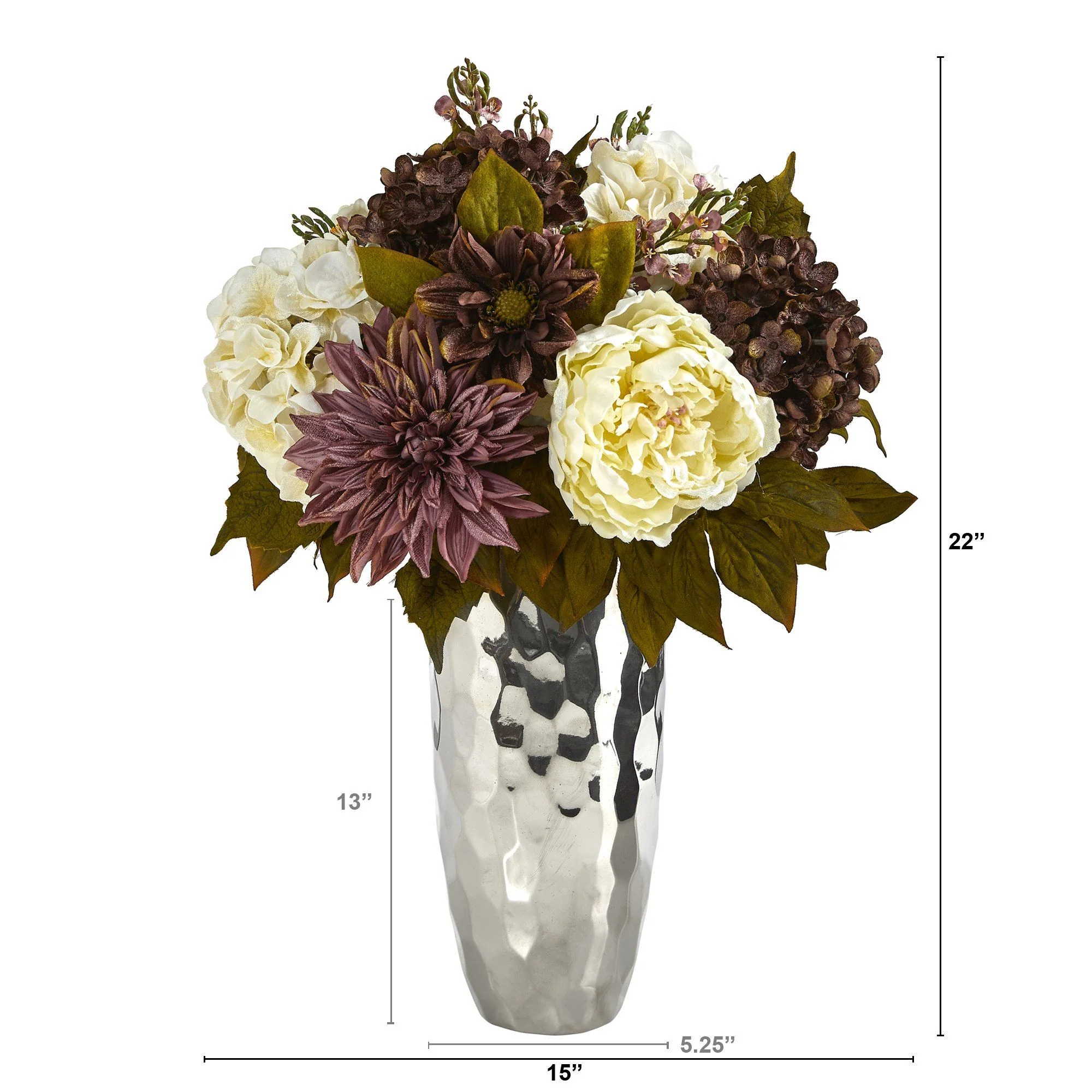 22” Peony, Hydrangea and Dahlia Artificial Arrangement in Silver Vase - Image 3