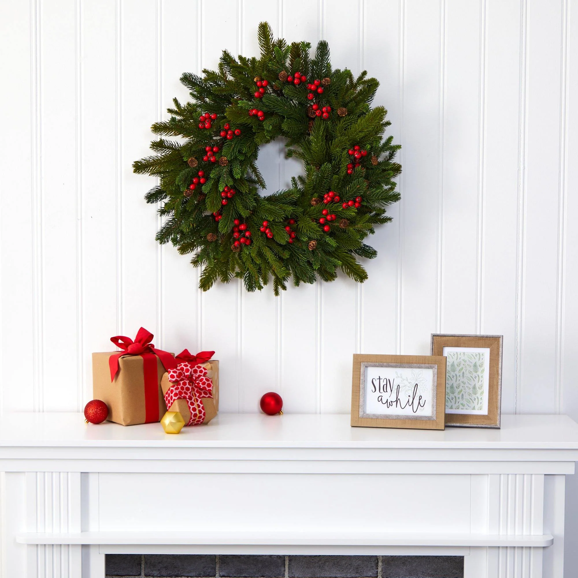 22” Pine, Pinecone and Berry Artificial Wreath - Image 5
