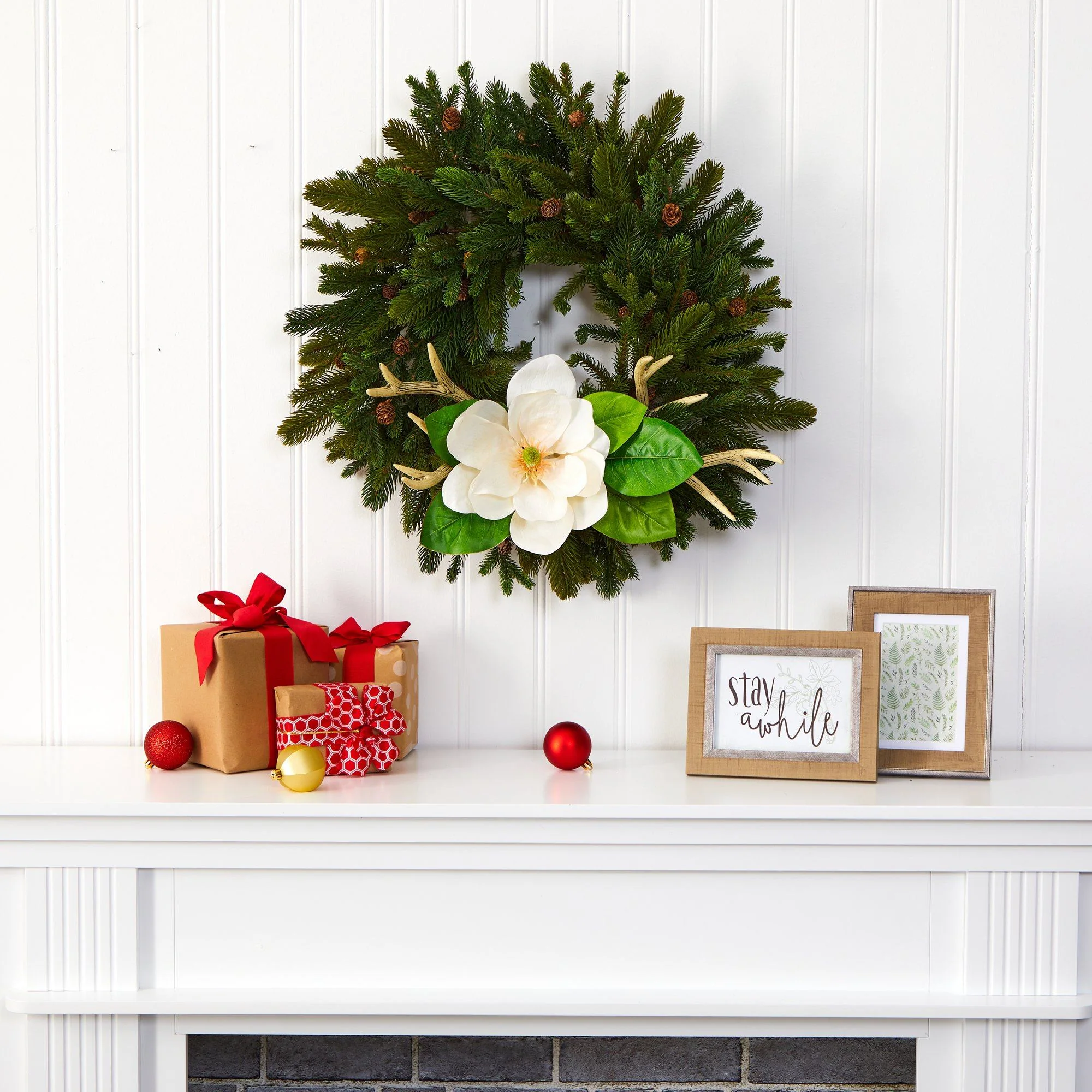 22” Pine, Pinecone, Magnolia and Antler Artificial Wreath - Image 3