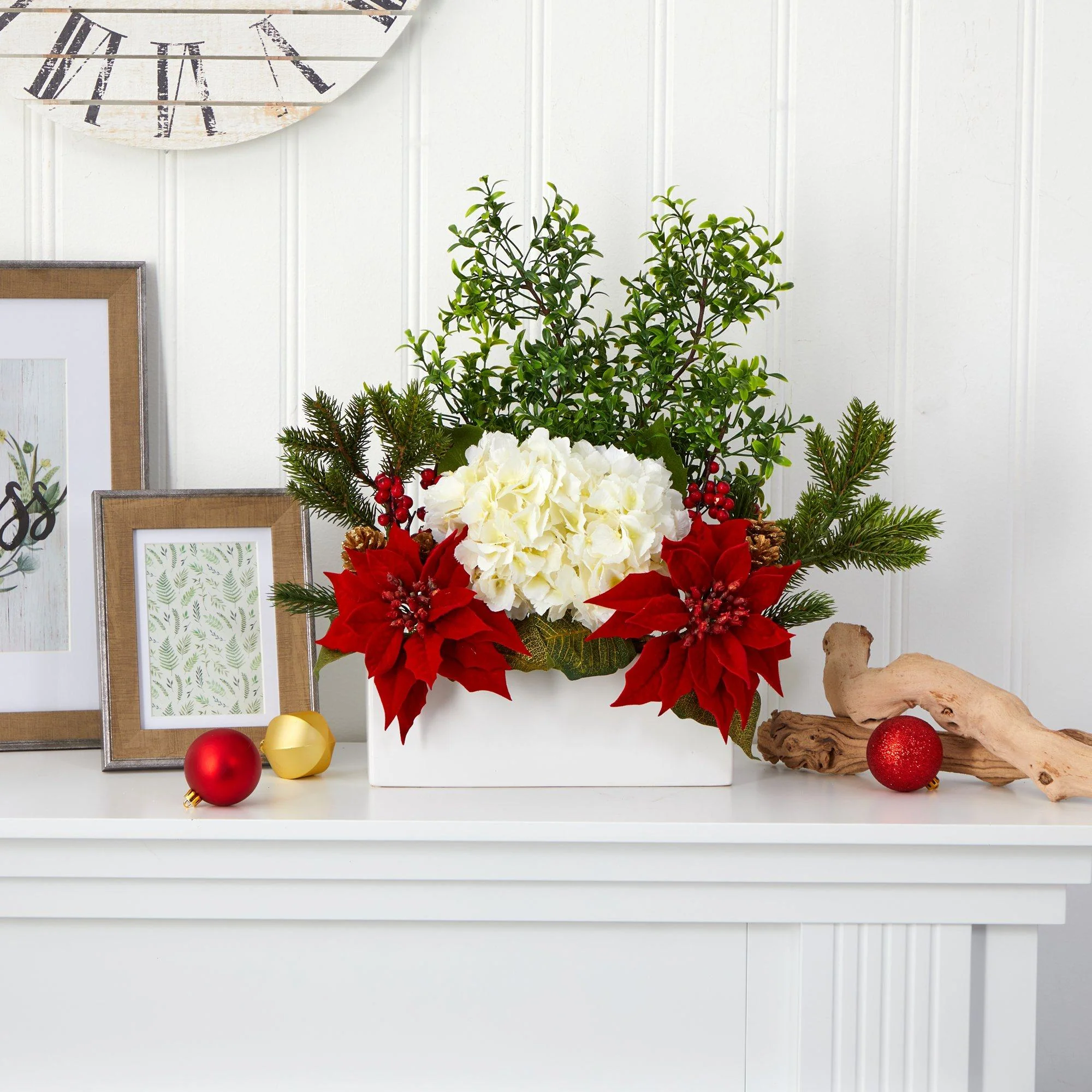 22” Poinsettia, Hydrangea and Boxwood Artificial Arrangement in White Vase - Image 3