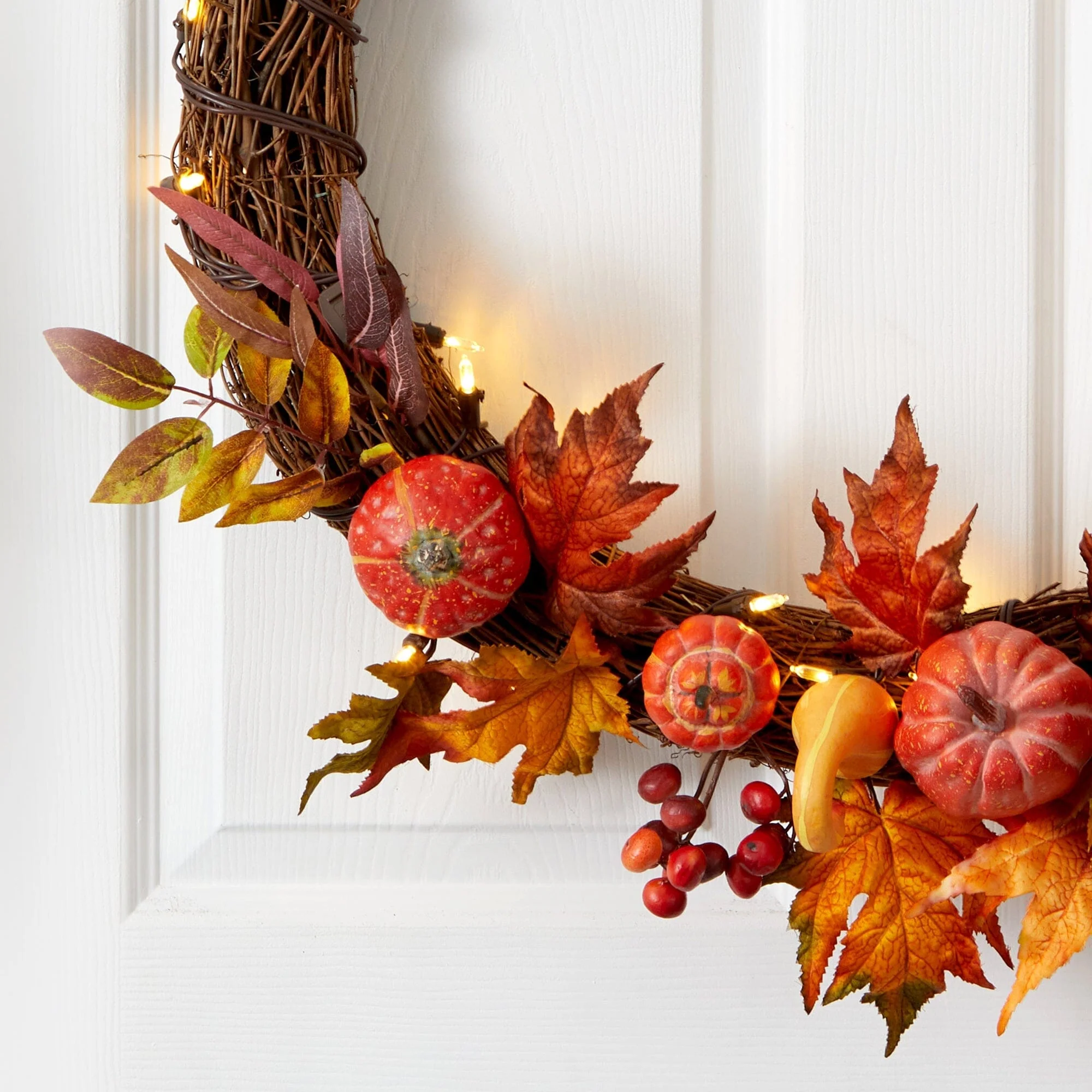 22” Pumpkin and Maple Artificial Autumn Wreath with 50 Warm White LED Lights - Image 2