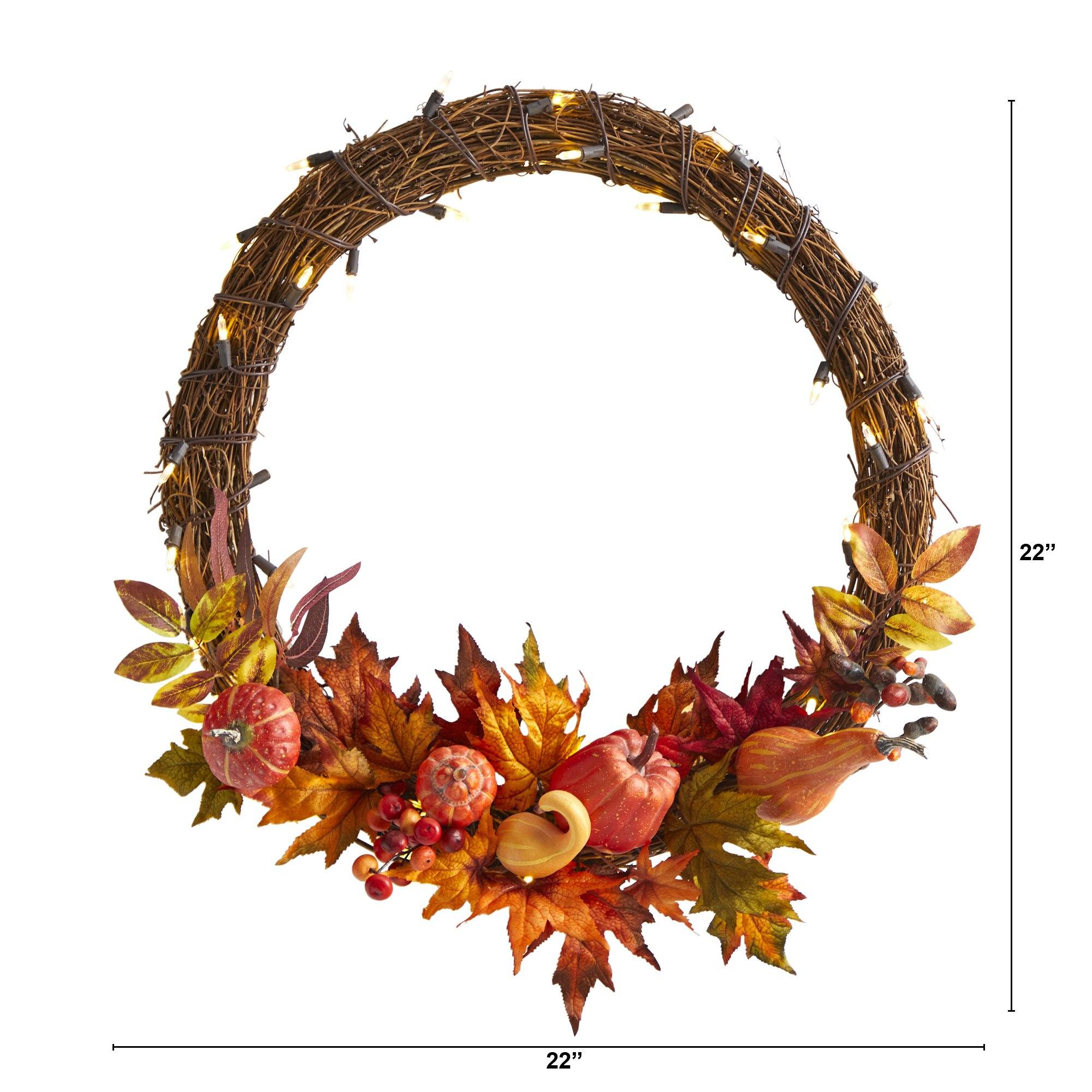 22” Pumpkin and Maple Artificial Autumn Wreath with 50 Warm White LED Lights - Image 4
