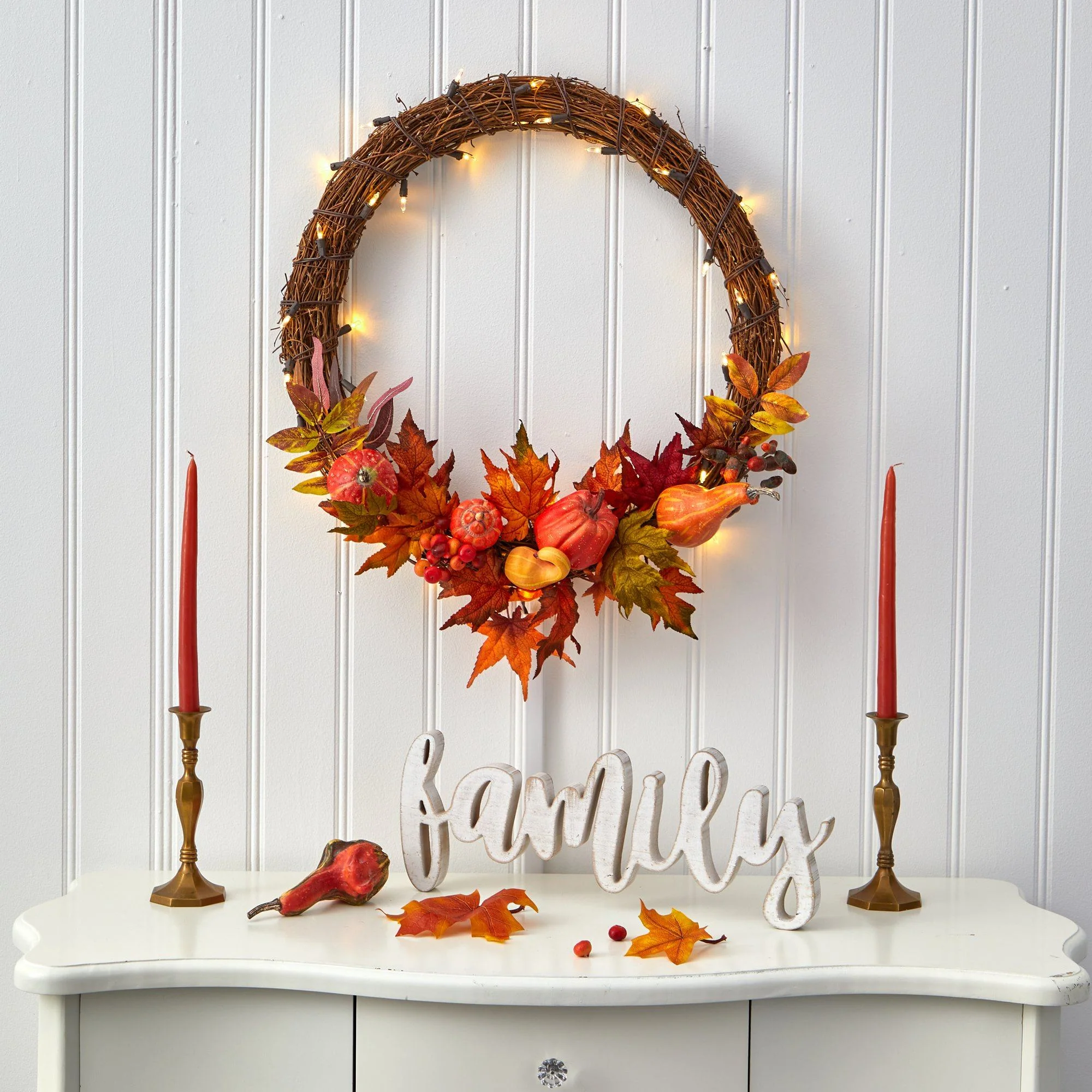 22” Pumpkin and Maple Artificial Autumn Wreath with 50 Warm White LED Lights - Image 5