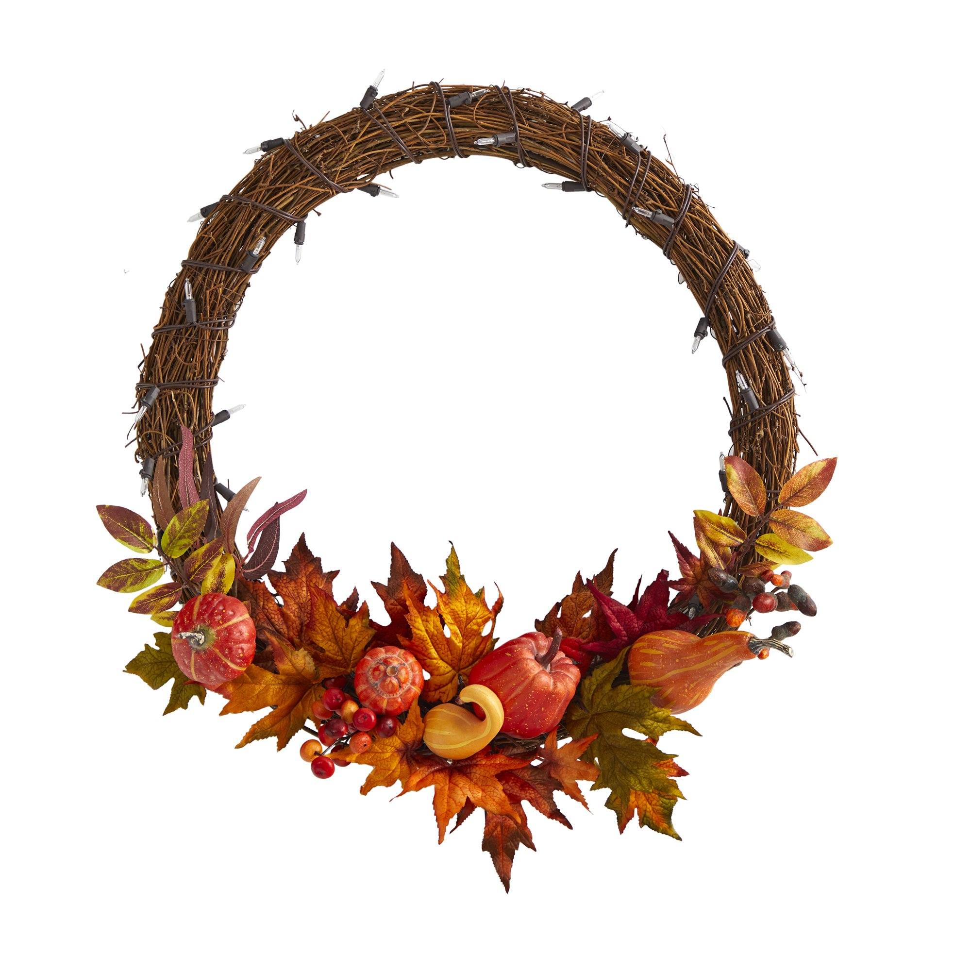 22” Pumpkin and Maple Artificial Autumn Wreath with 50 Warm White LED Lights - Image 6