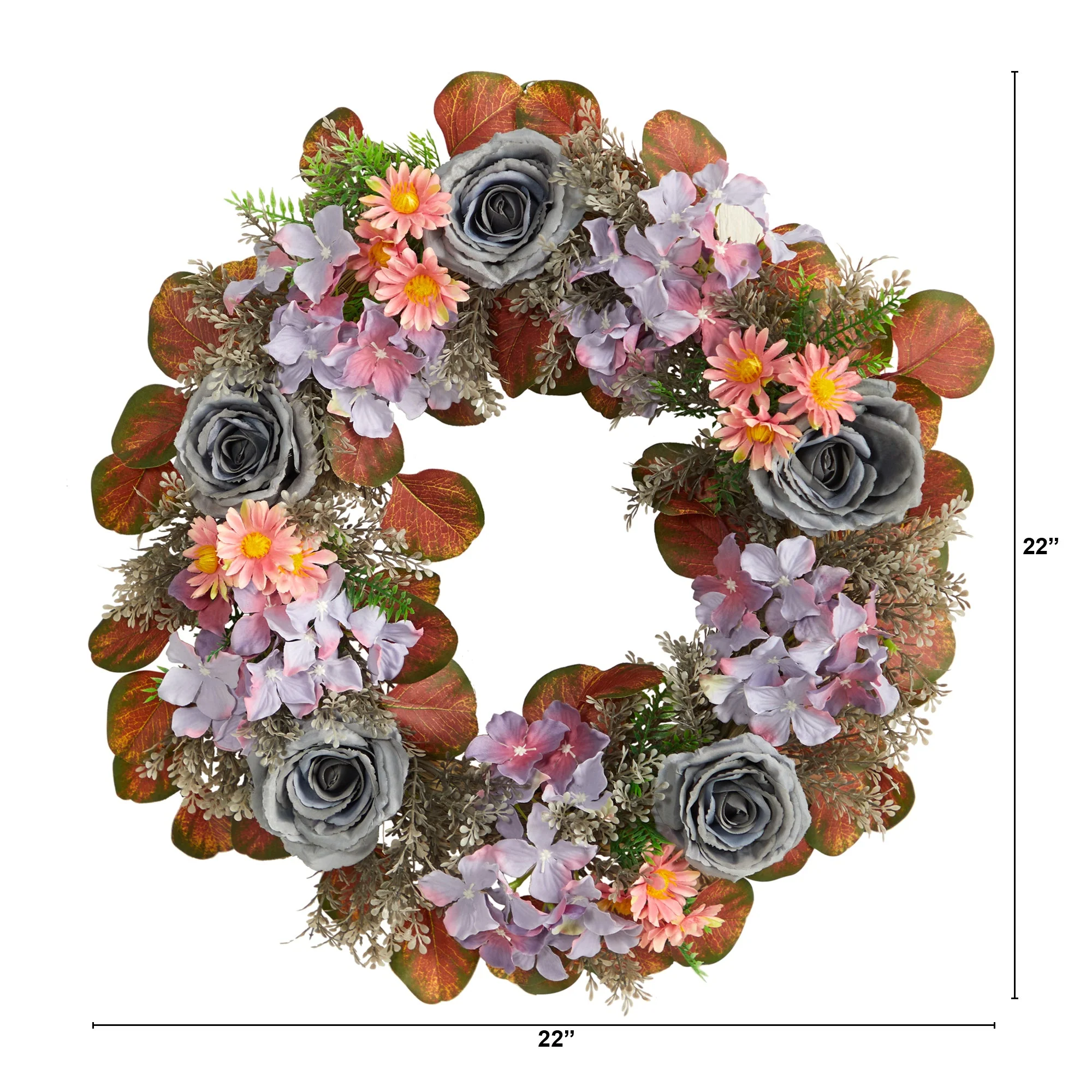 22” Silver Rose and Purple Hydrangea Artificial Wreath - Image 3