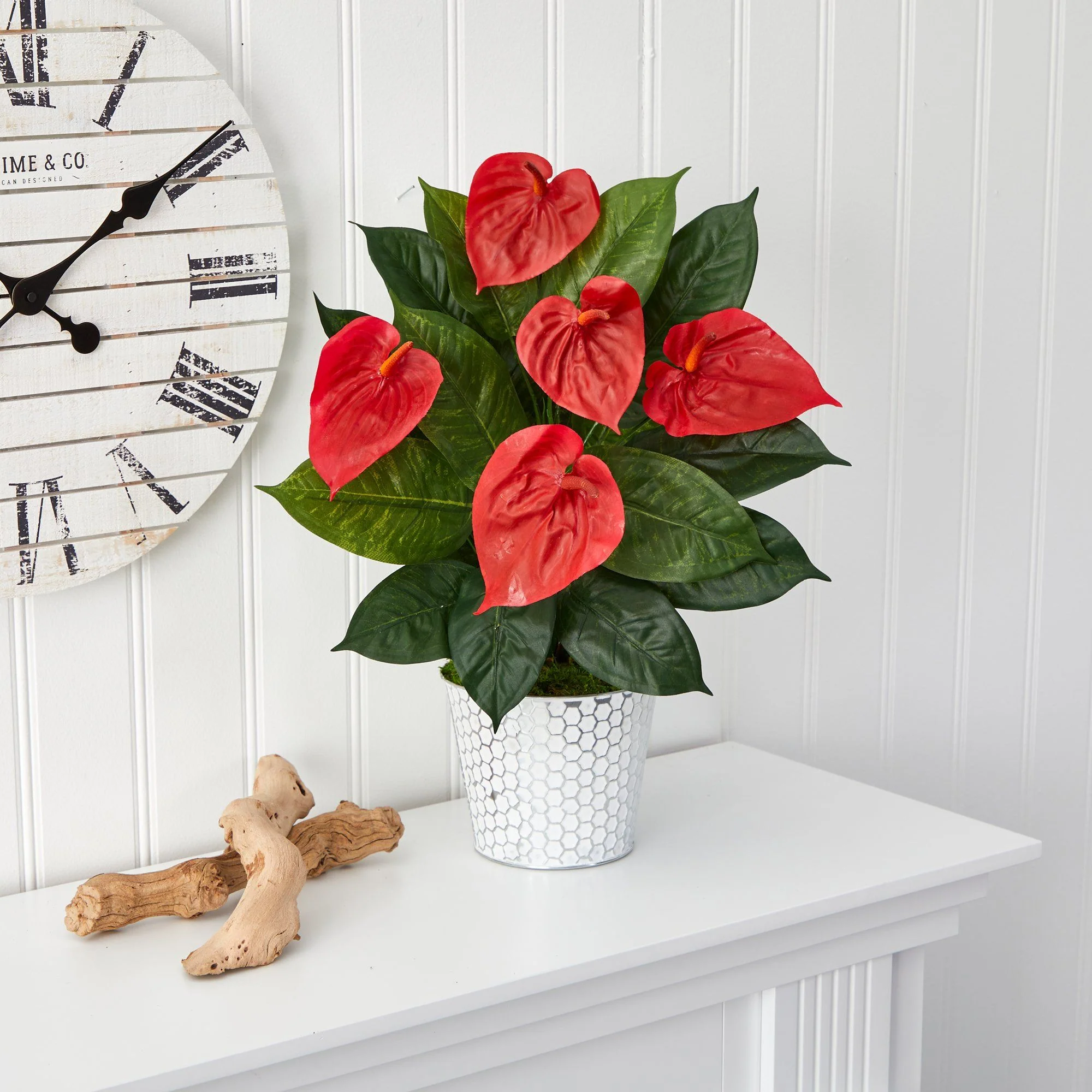 23” Anthurium Artificial Plant in Embossed White Planter - Image 3