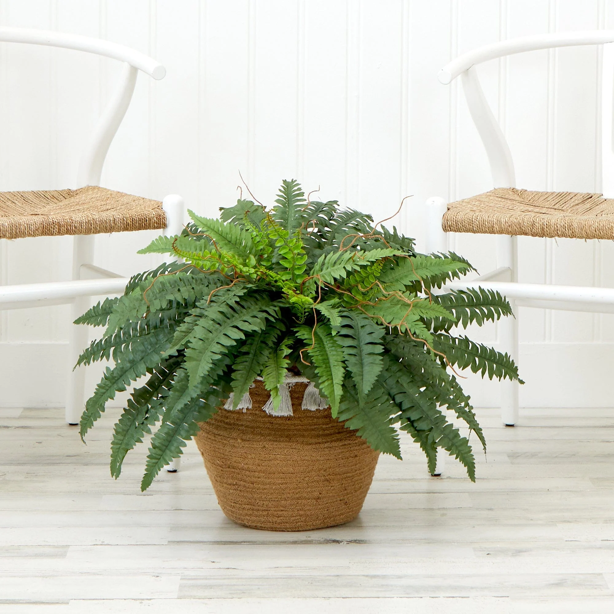 23”Artificial Boston Fern Plant in Handmade  Jute & Cotton Basket with Tassels DIY KIT - Image 2
