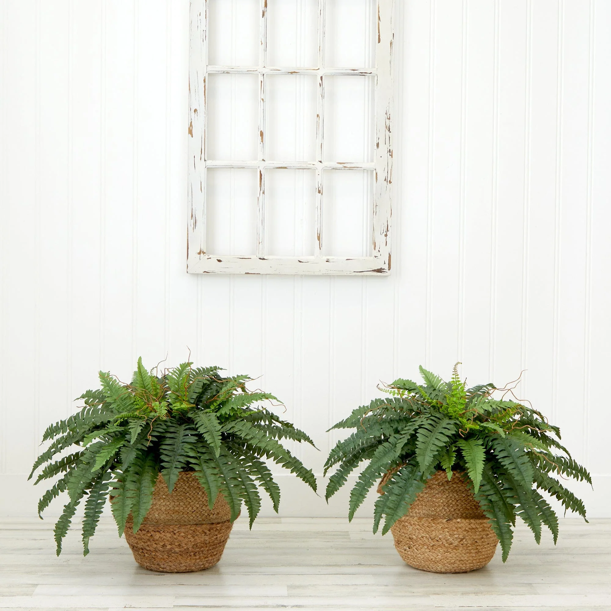 23” Artificial Boston Fern Plant with Handmade Jute & Cotton Basket with Handles DIY KIT - Set of 2 - Image 2