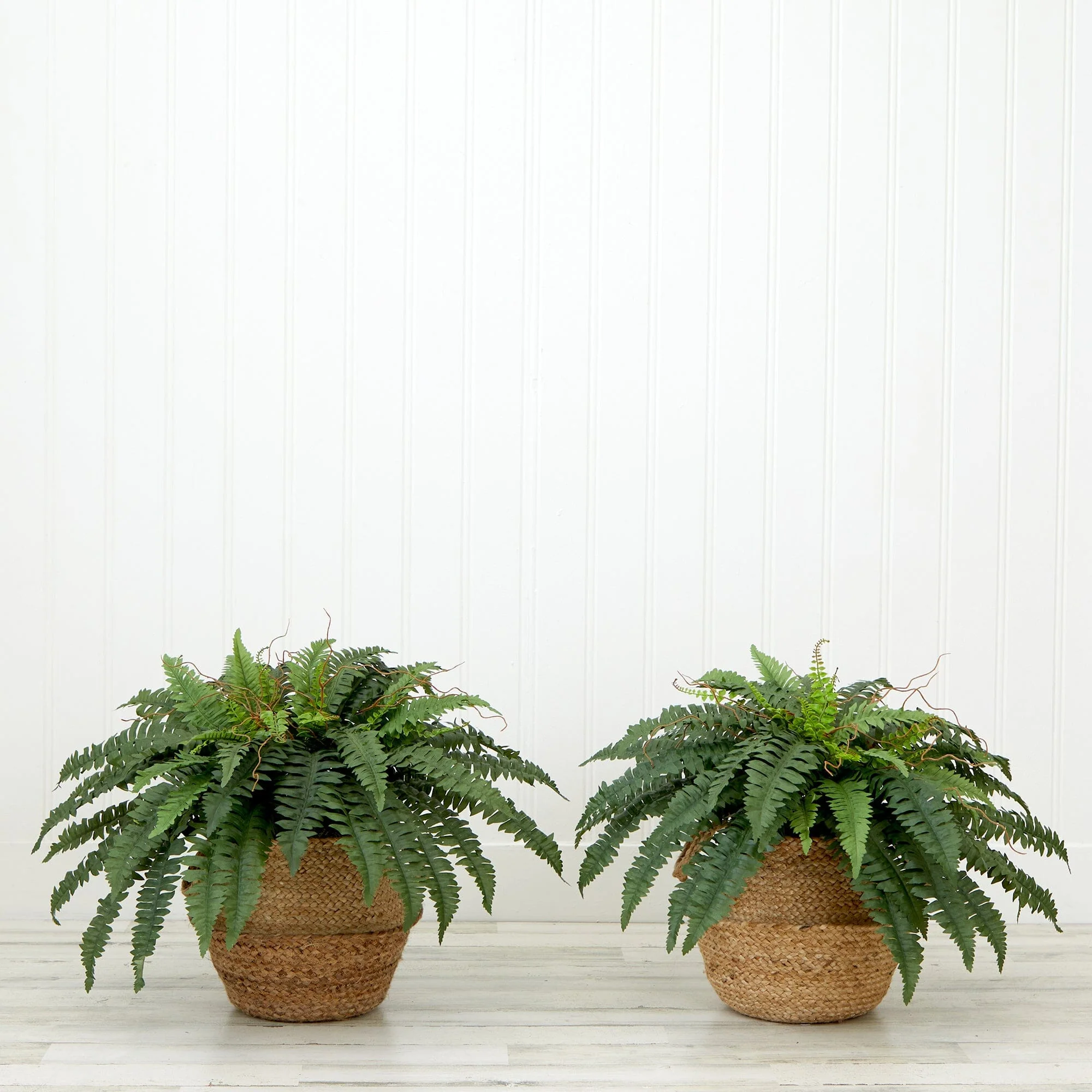 23” Artificial Boston Fern Plant with Handmade Jute & Cotton Basket with Handles DIY KIT - Set of 2 - Image 4