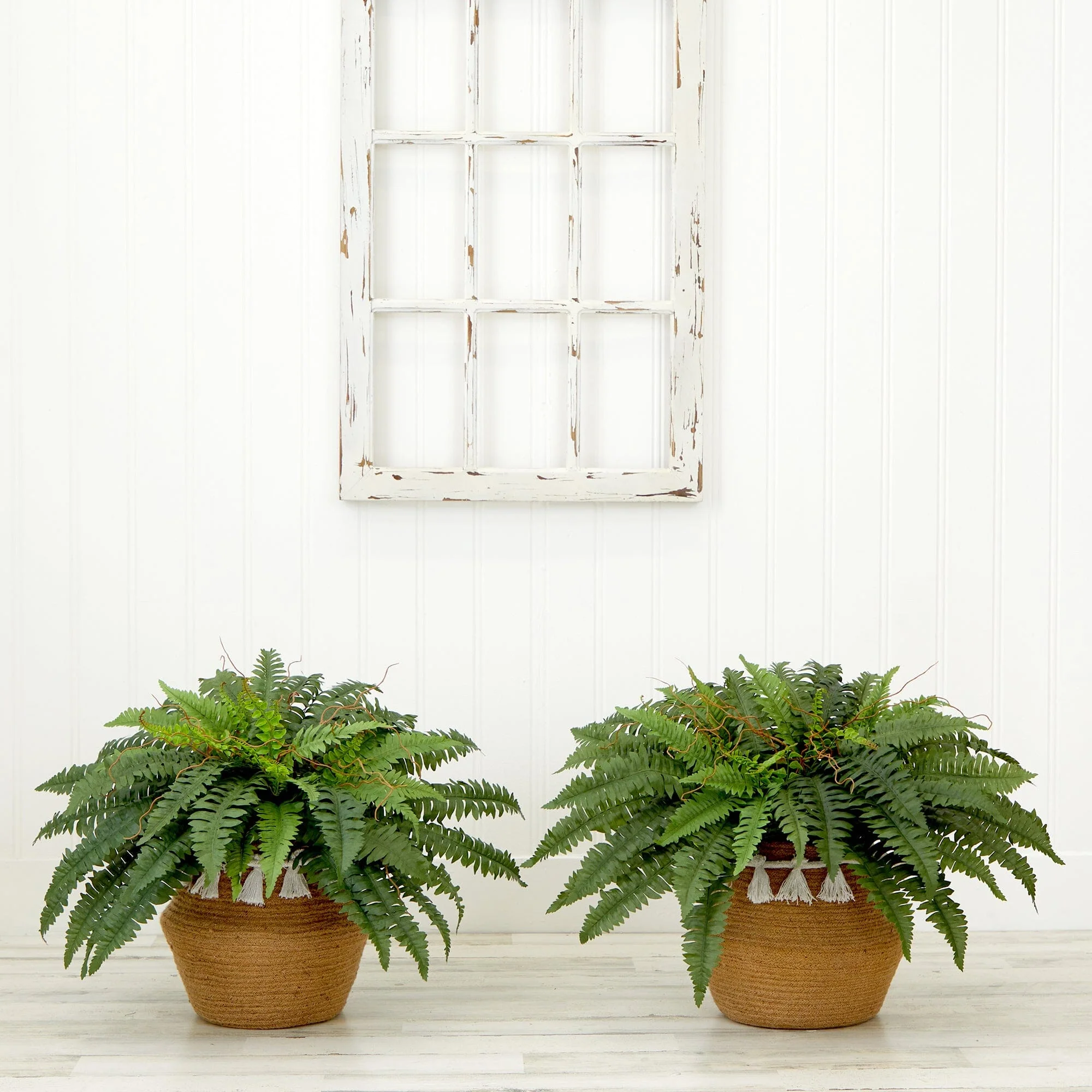 23” Artificial Boston Fern Plant with Handmade Jute & Cotton Basket with Tassels DIY KIT - Set of 2 - Image 2