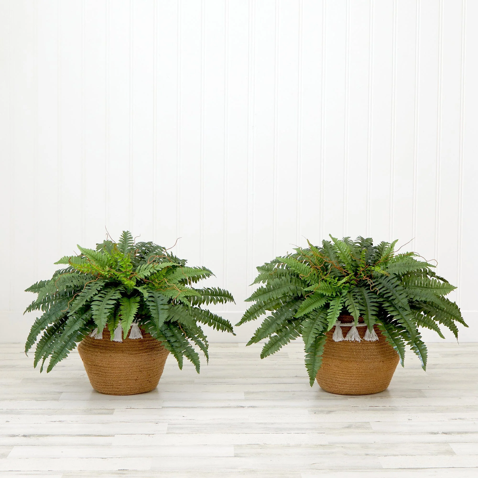 23” Artificial Boston Fern Plant with Handmade Jute & Cotton Basket with Tassels DIY KIT - Set of 2 - Image 4