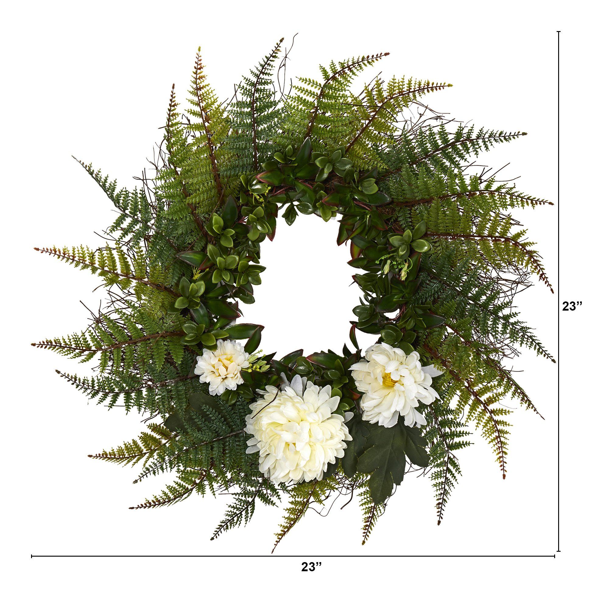 23” Assorted Fern and Chrysanthemum Artificial Wreath - Image 2