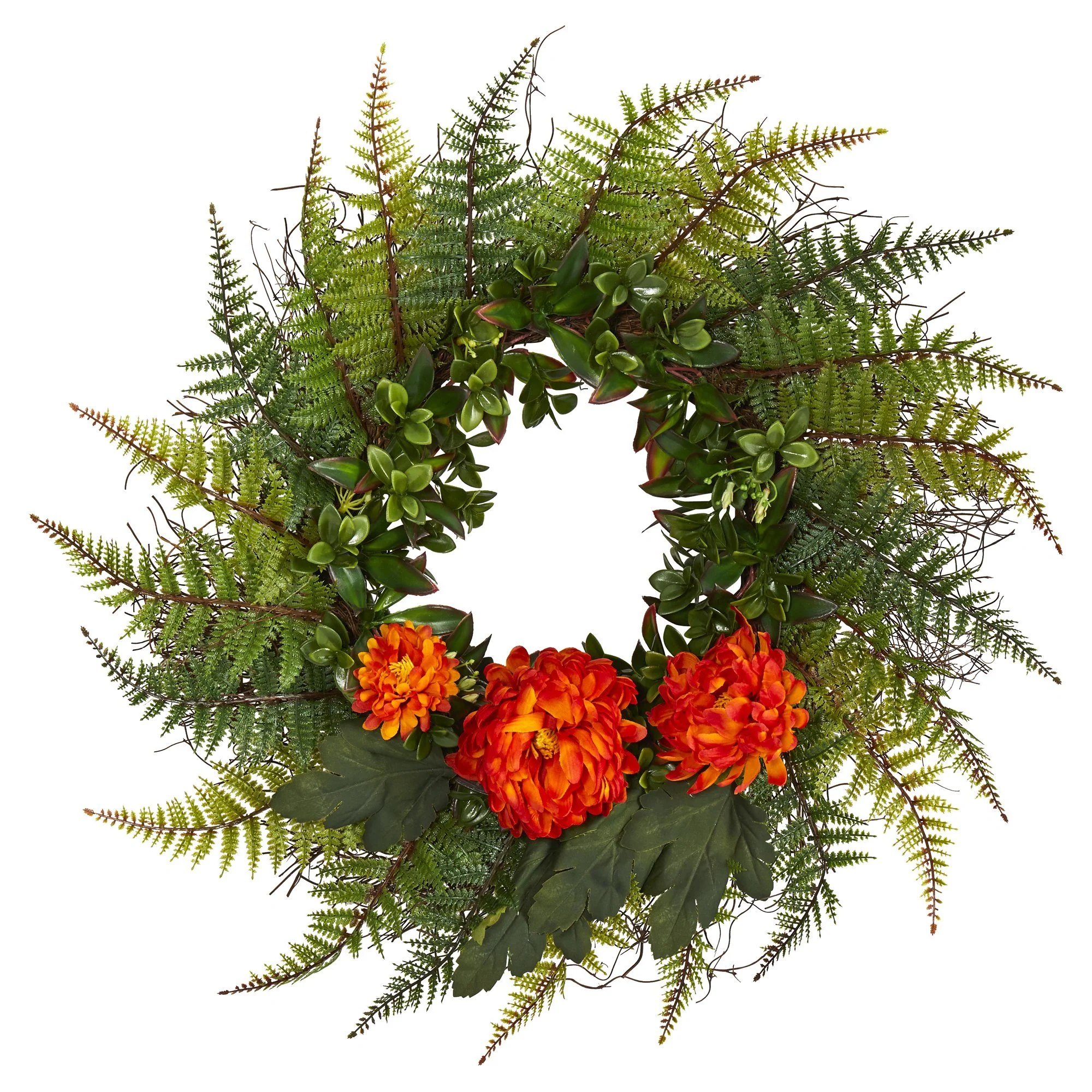 23” Assorted Fern and Chrysanthemum Artificial Wreath - Image 3