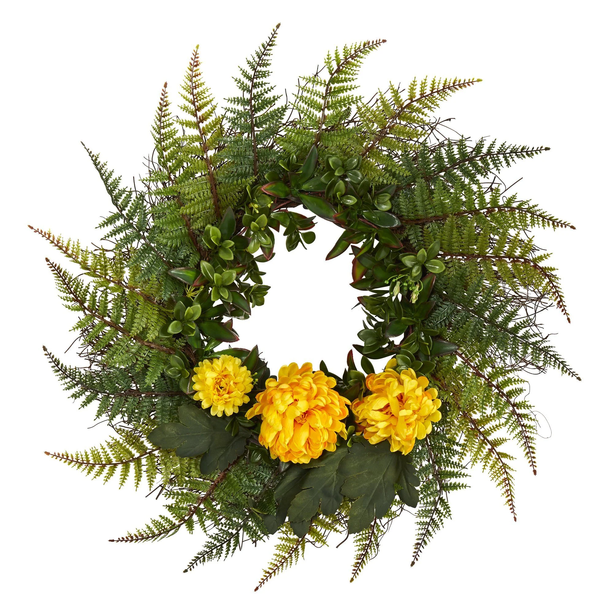 23” Assorted Fern and Chrysanthemum Artificial Wreath - Image 5