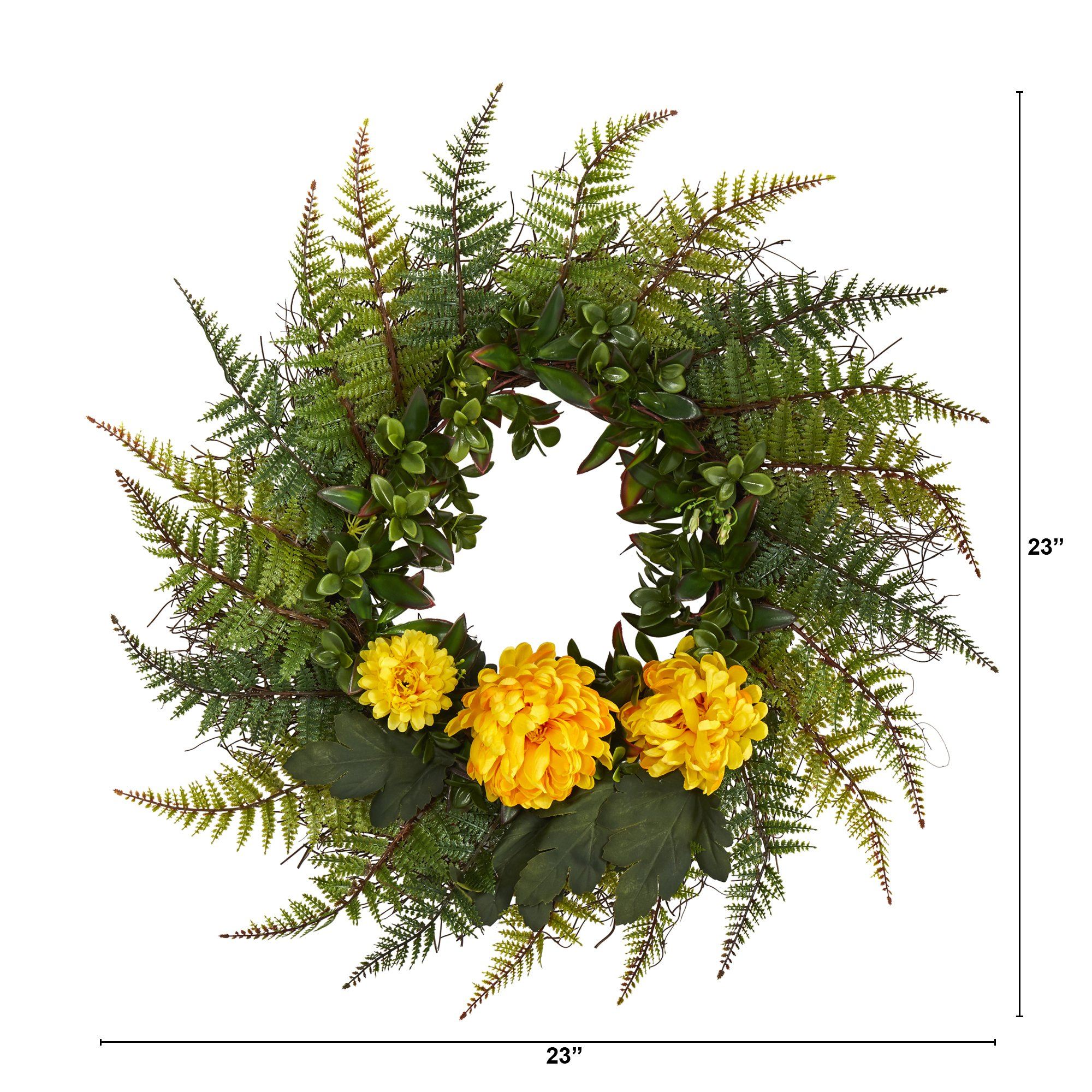 23” Assorted Fern and Chrysanthemum Artificial Wreath - Image 6
