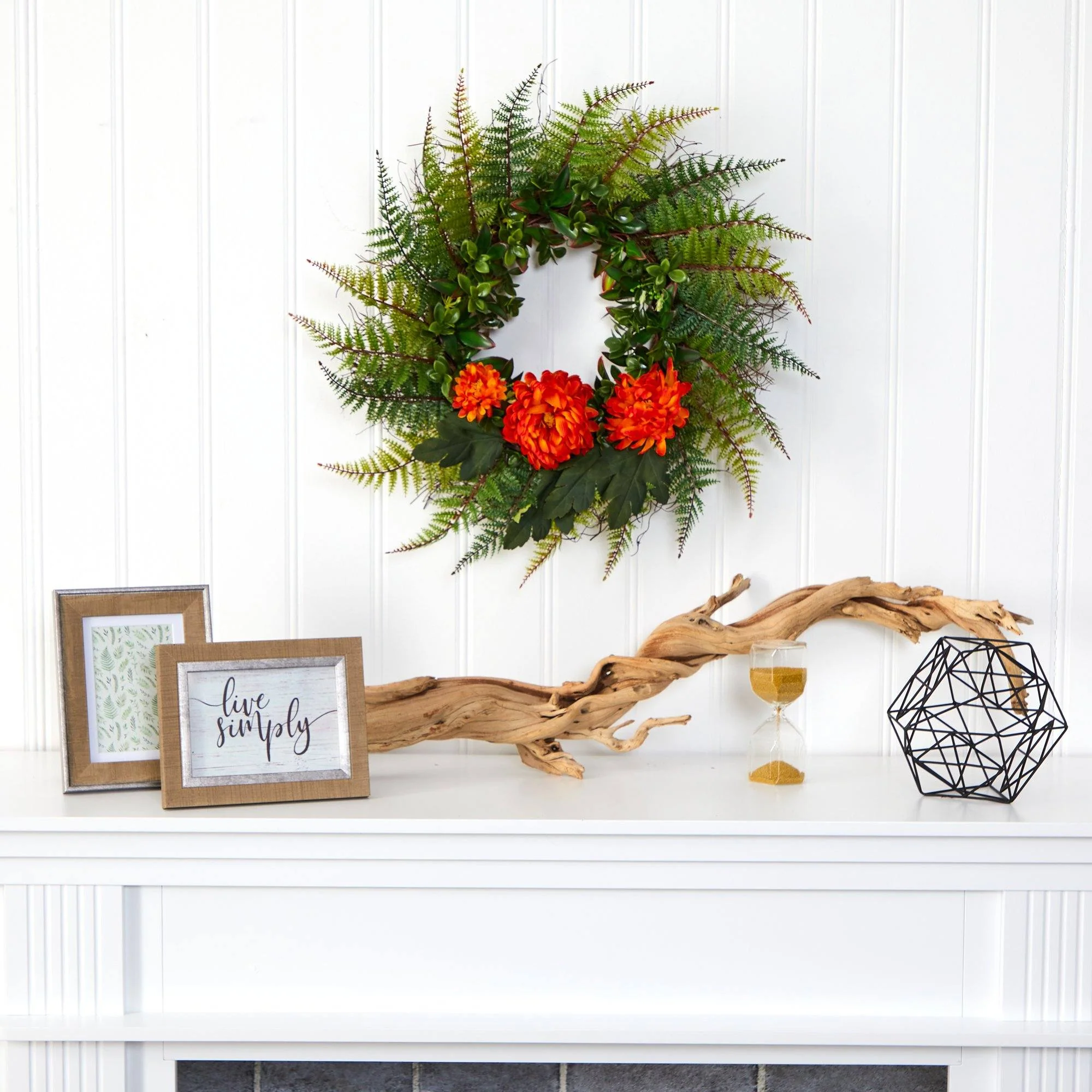23” Assorted Fern and Chrysanthemum Artificial Wreath - Image 7