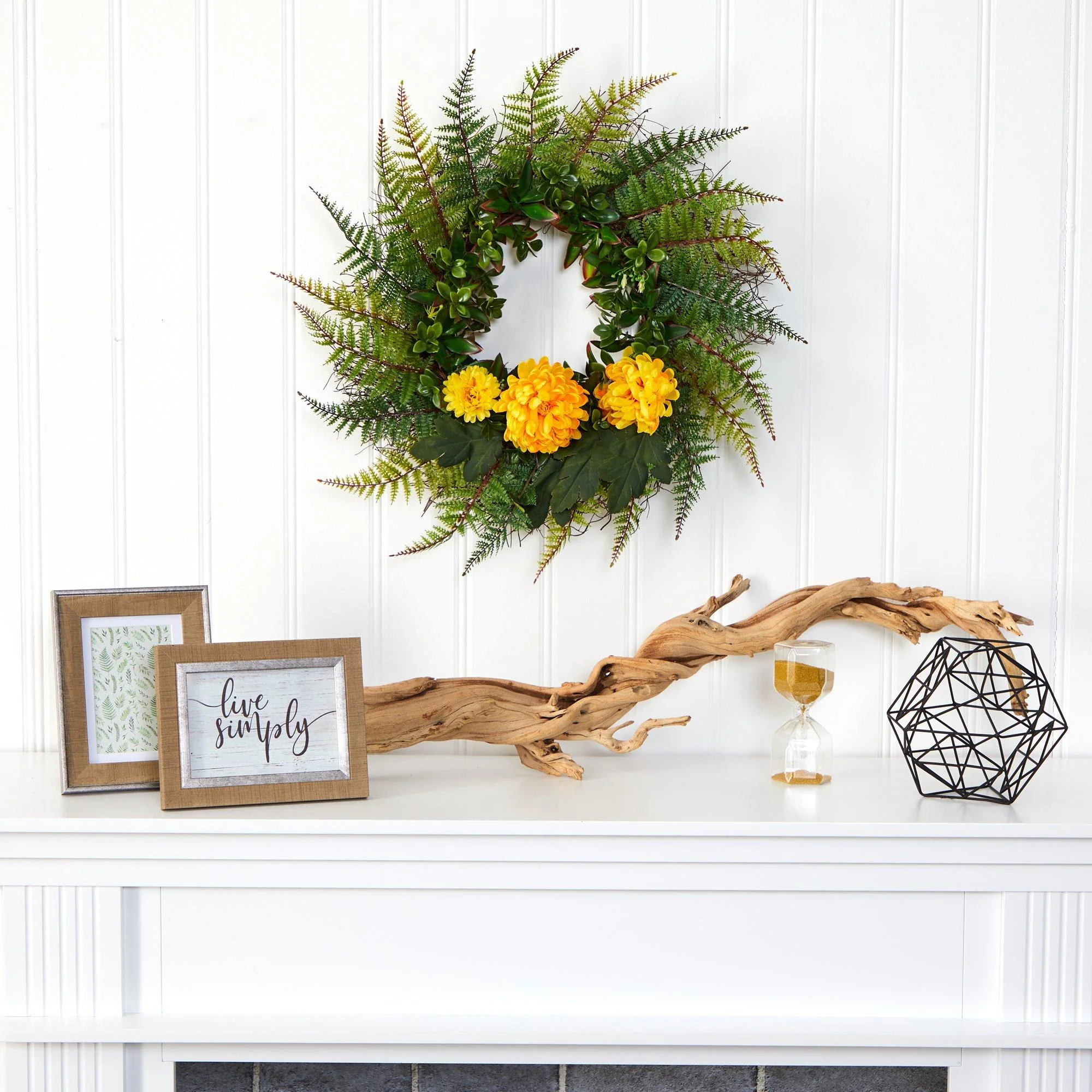 23” Assorted Fern and Chrysanthemum Artificial Wreath - Image 8